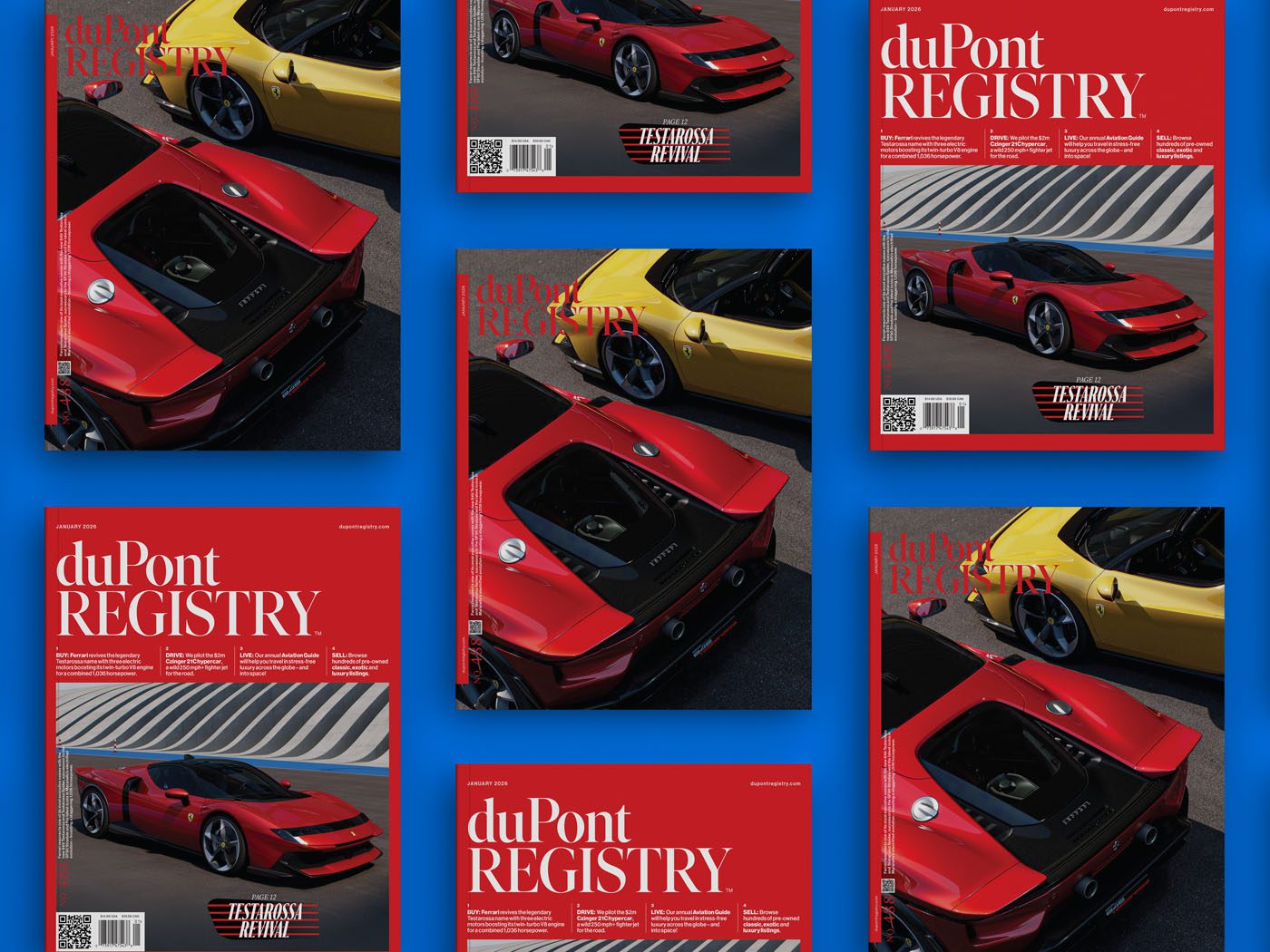 Multiple copies of duPont REGISTRY magazine are displayed, featuring red and yellow sports cars on the cover against a blue background from the January 2026 issue.