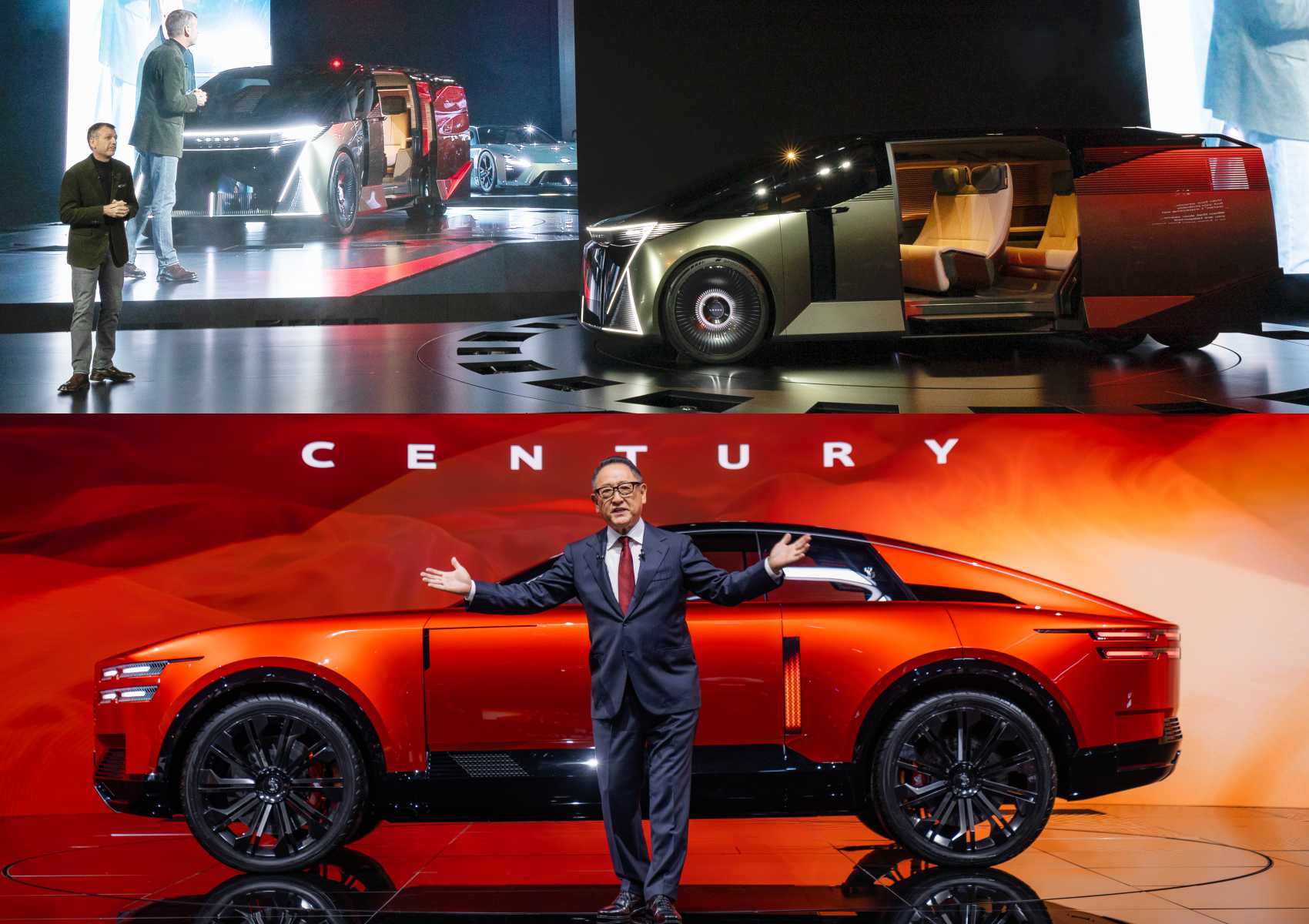 Two men present two futuristic concept SUVs on stage—one silver with open doors (top) and one red (bottom)—both under dramatic lighting at the 2025 Japan Mobility Show, showcasing the innovation of Century Brands and Lexus.