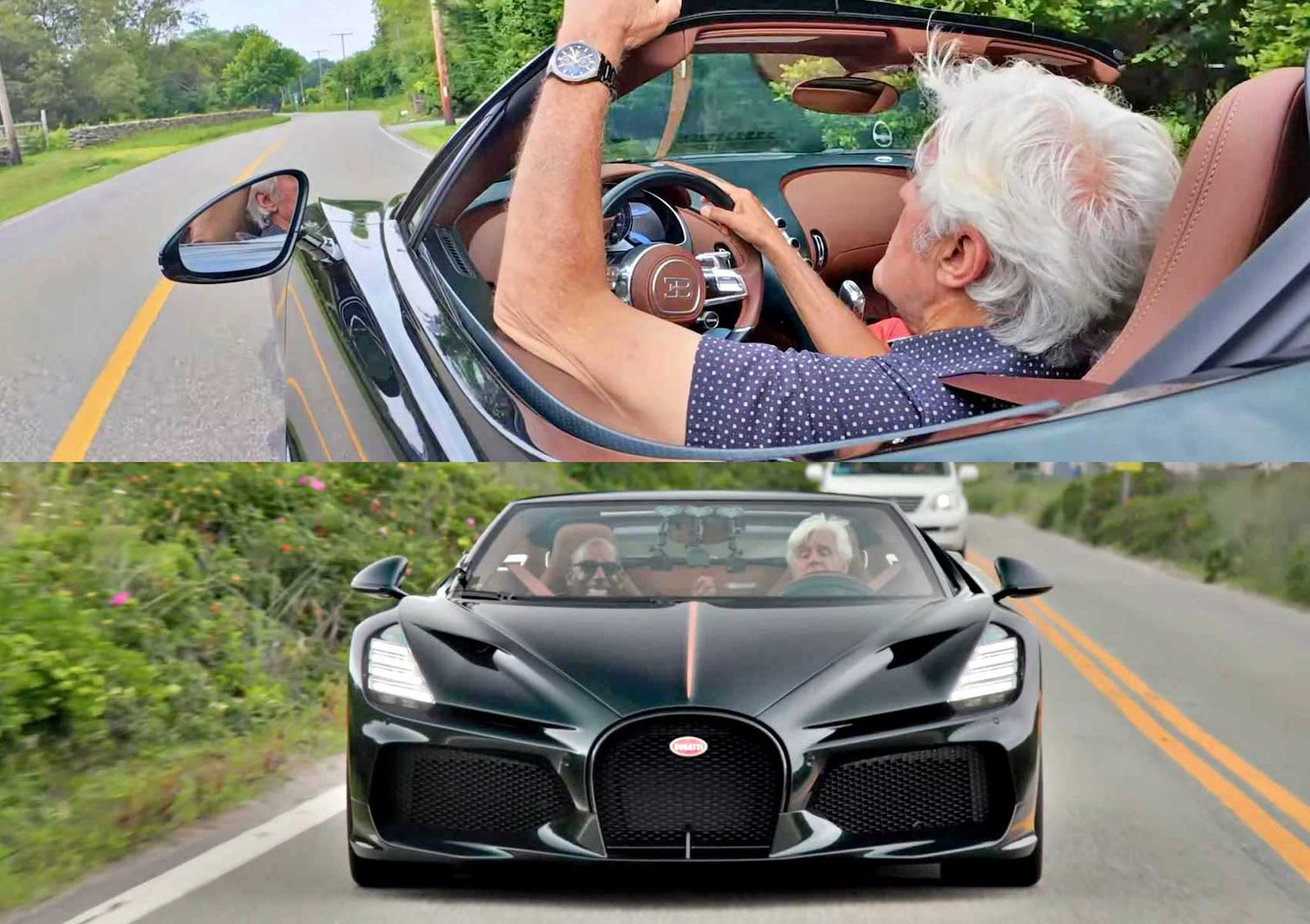 An older man with white hair drives a black Bugatti Mistral convertible on a two-lane road, viewed from above and front angles—capturing the essence of the W16 Swan Song as Jay Leno shares his thoughts on this iconic ride.