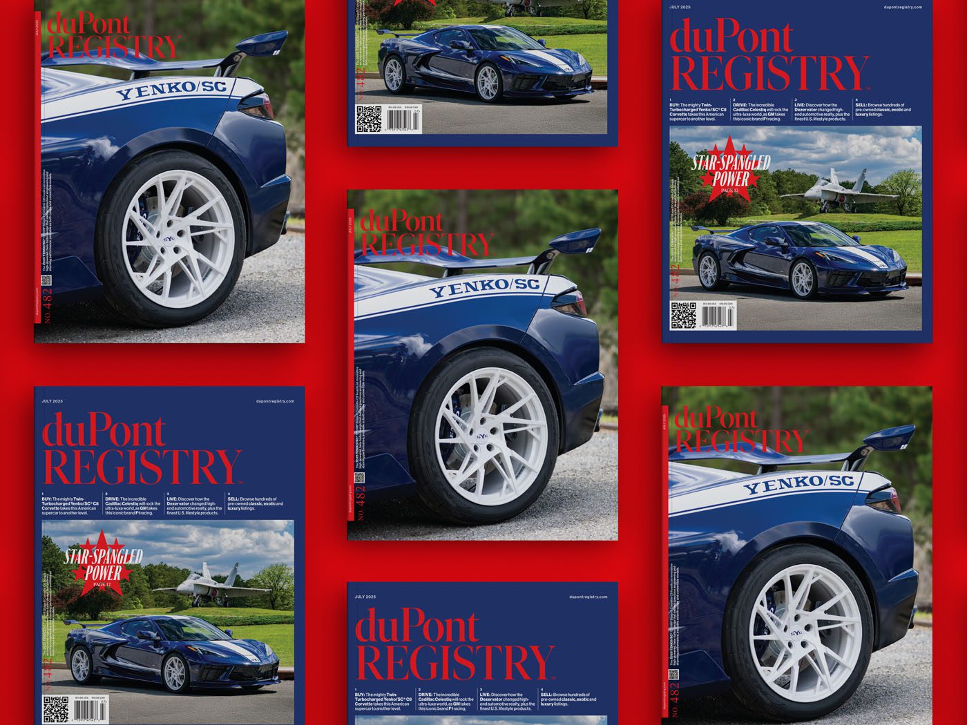 Several copies of the duPont REGISTRY July 2025 magazine, showcasing a blue Yenko/SC car on the cover, are arranged on a striking red background.