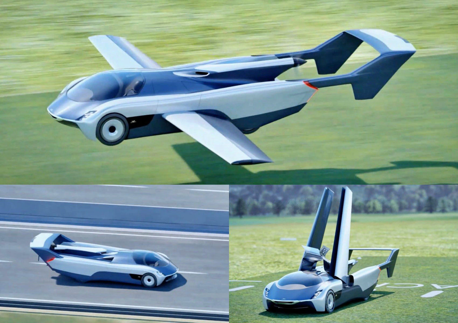 A futuristic flying car, the production prototype of Klein Vision AirCar, is shown in flight above grass, driving on a road with wings folded, and parked with its wings extended upward.