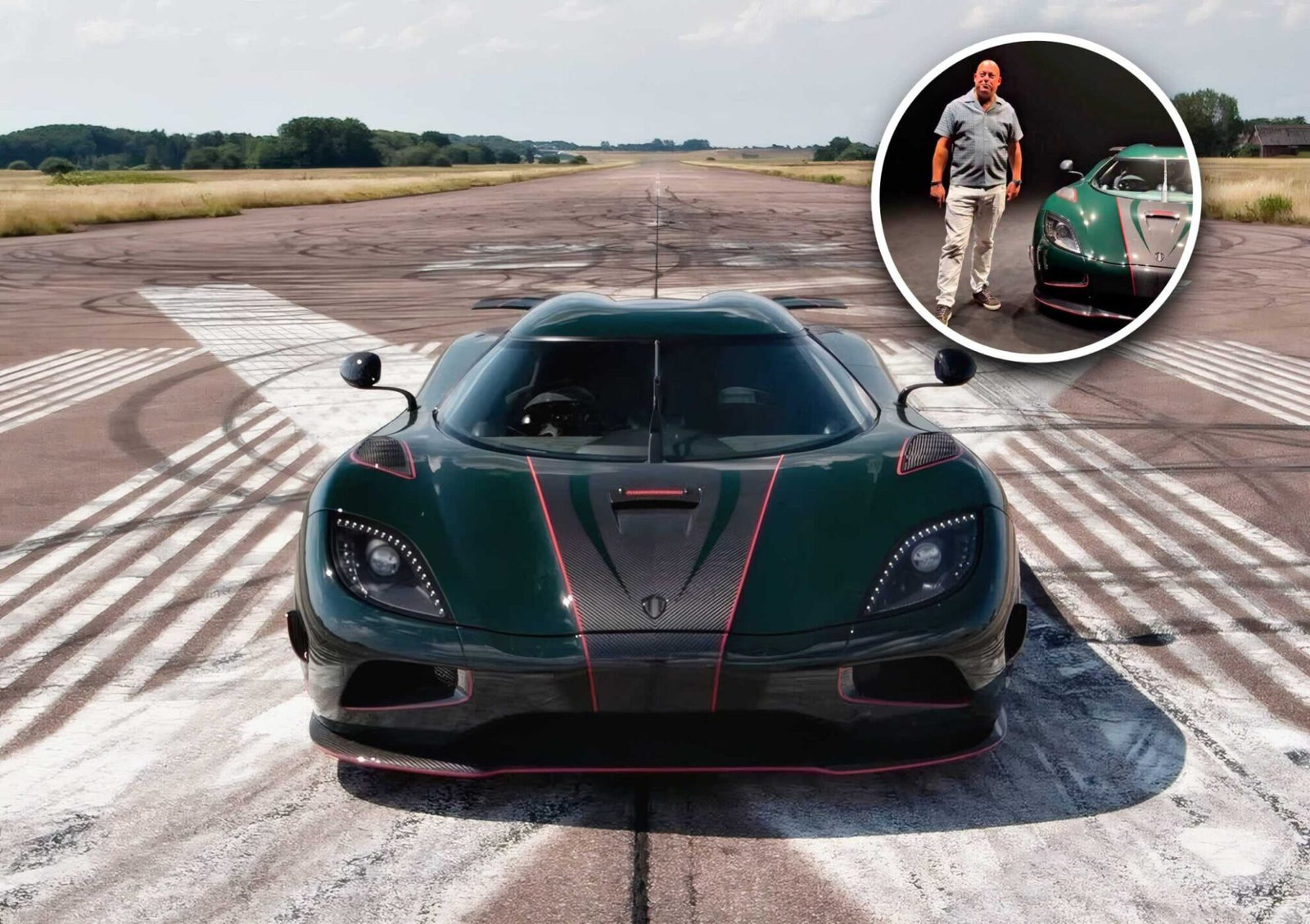 A green Koenigsegg Agera R sports car is parked on an empty runway. Inset shows a person standing next to the same car, part of the Legends Division, in an indoor setting.