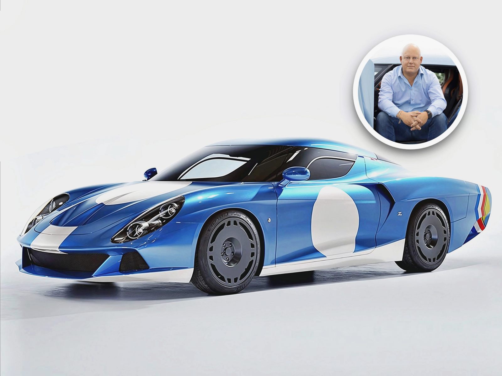A blue Zagato AGTZ Twin-Tail #2 with white accents is shown on a white background; an inset circle shows Christian Von Koenigsegg sitting with his hands clasped, highlighting the latest addition to his car collection.