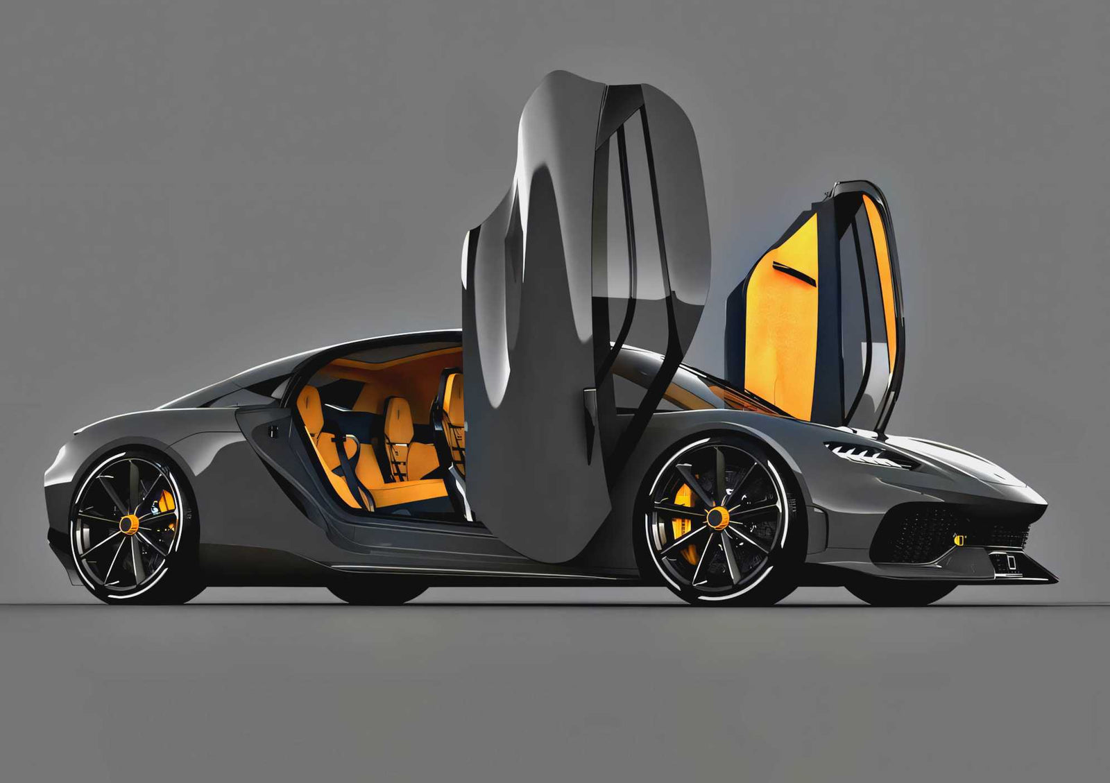 A sleek, gray sports car—one of the most powerful production cars—features black wheels and an orange interior, shown with both of its butterfly doors open against a plain gray background.