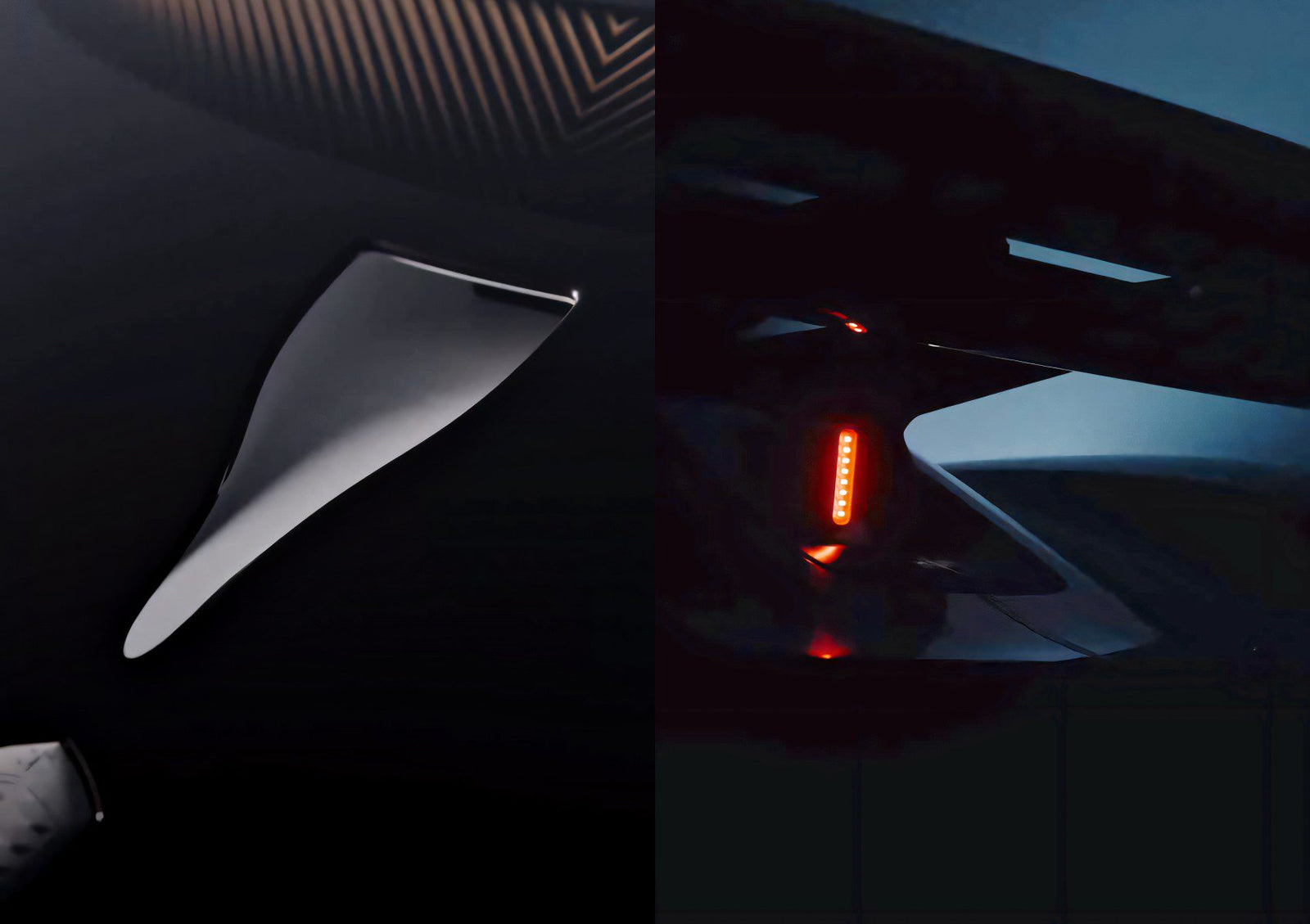 Close-up view of two futuristic automotive design elements—a smooth metallic fin and a rear light assembly with red LEDs—both set against dark backgrounds, hinting at the track-focused hypercar Koenigsegg will unveil at the June 25 reveal.
