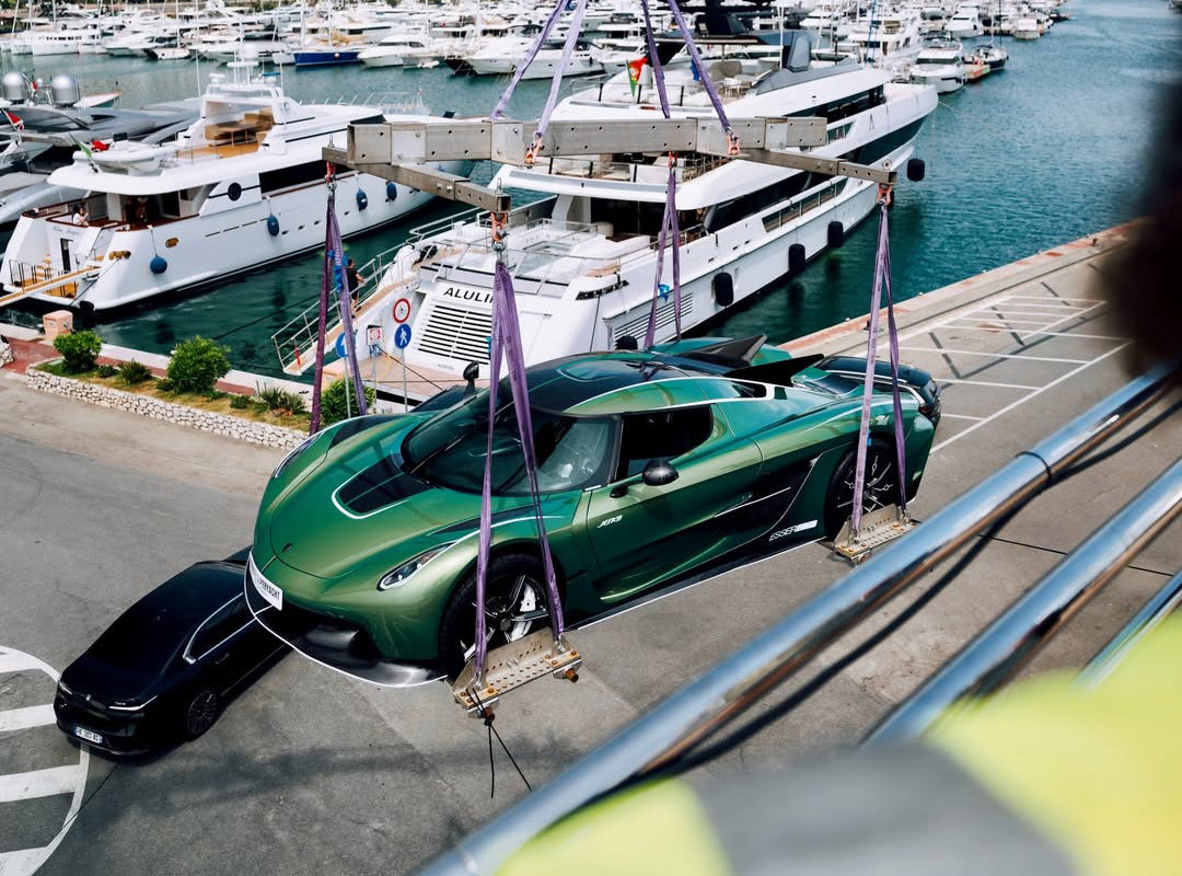 A Koenigsegg Jesko And An F1 Car Were Crane-Lifted Onto A $75 Million Superyacht In Monaco