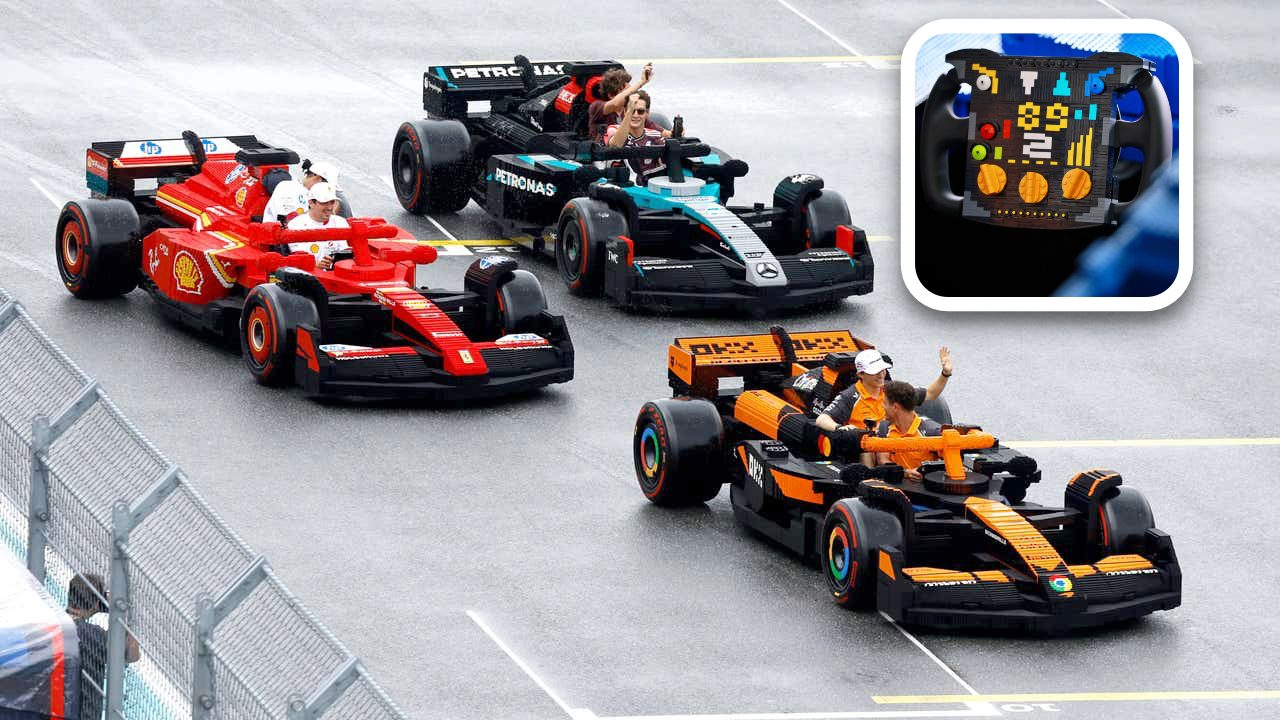 Three people drive colorful LEGO Drivable Life-Size F1 Cars on a track in Miami, waving to the crowd; an inset shows a close-up of a LEGO car dashboard with digital-style stickers.