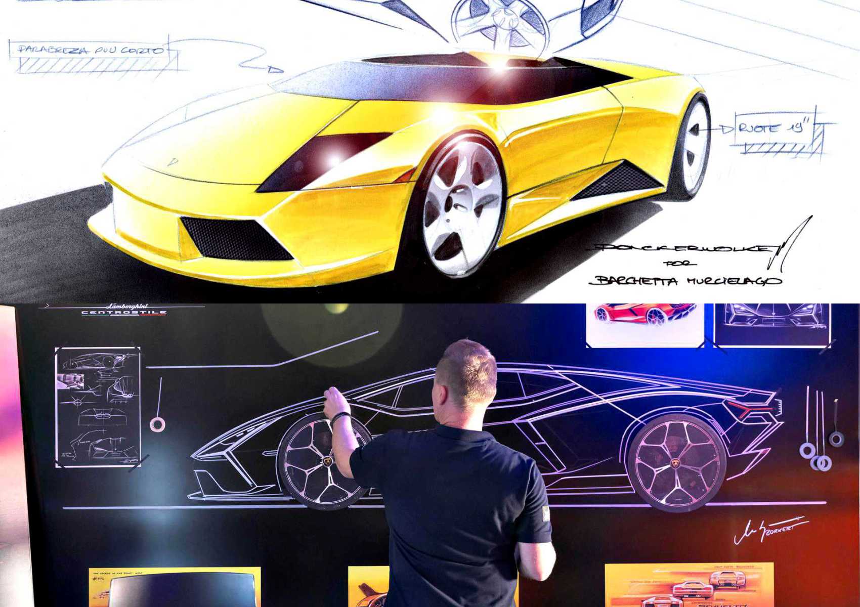 A person sketches a yellow sports car design on a blackboard; above, a detailed concept drawing celebrates Lamborghini Centro Stile at 20: The Studio Behind Every Modern Bull.