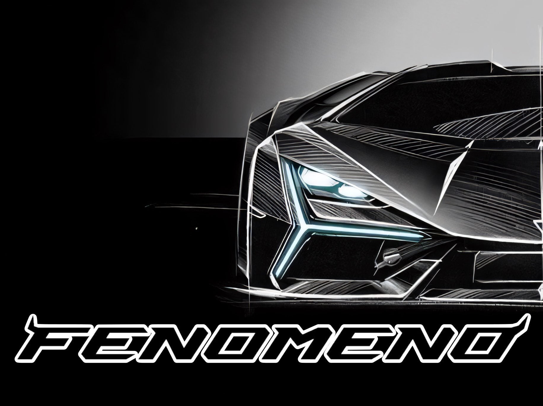 A stylized illustration of a futuristic sports car front with sharp angles and LED lights, featuring the bold “FENOMENO” text below—imagining what Monterey 2025 could showcase as the most powerful Lamborghini ever built.
