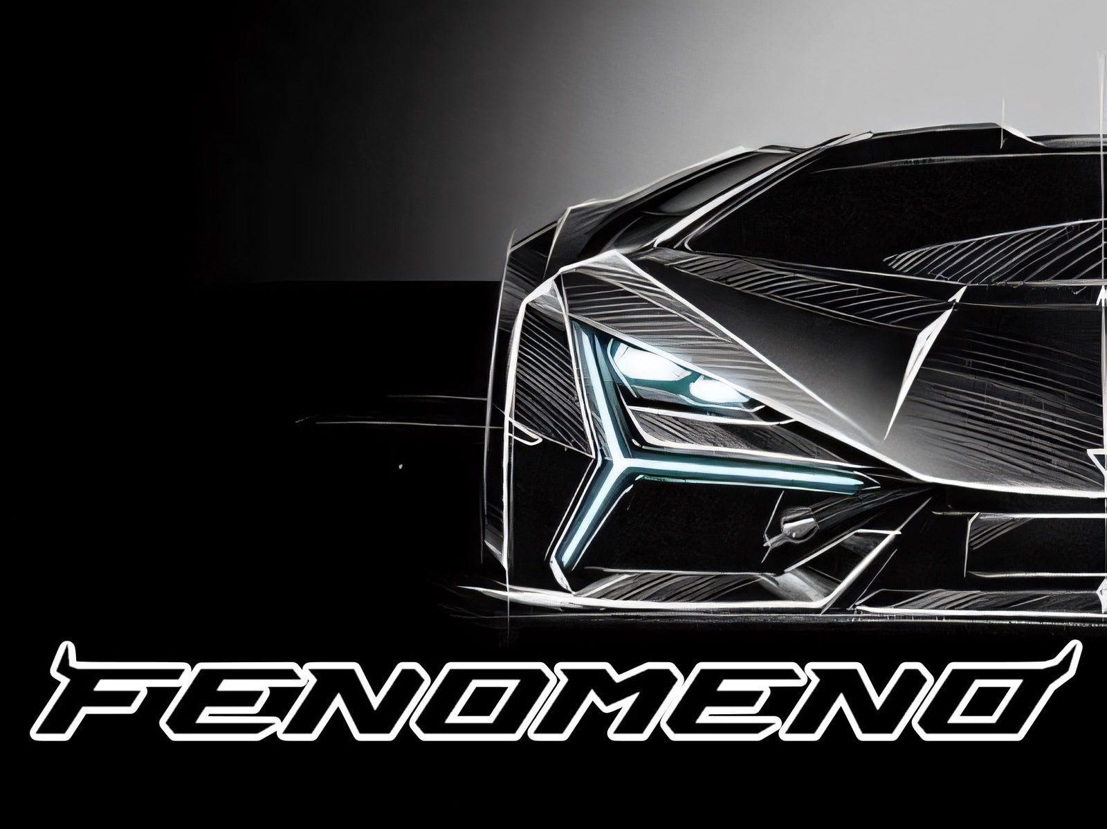 A stylized illustration of a futuristic sports car front with sharp angles and LED lights, featuring the bold “FENOMENO” text below—imagining what Monterey 2025 could showcase as the most powerful Lamborghini ever built.