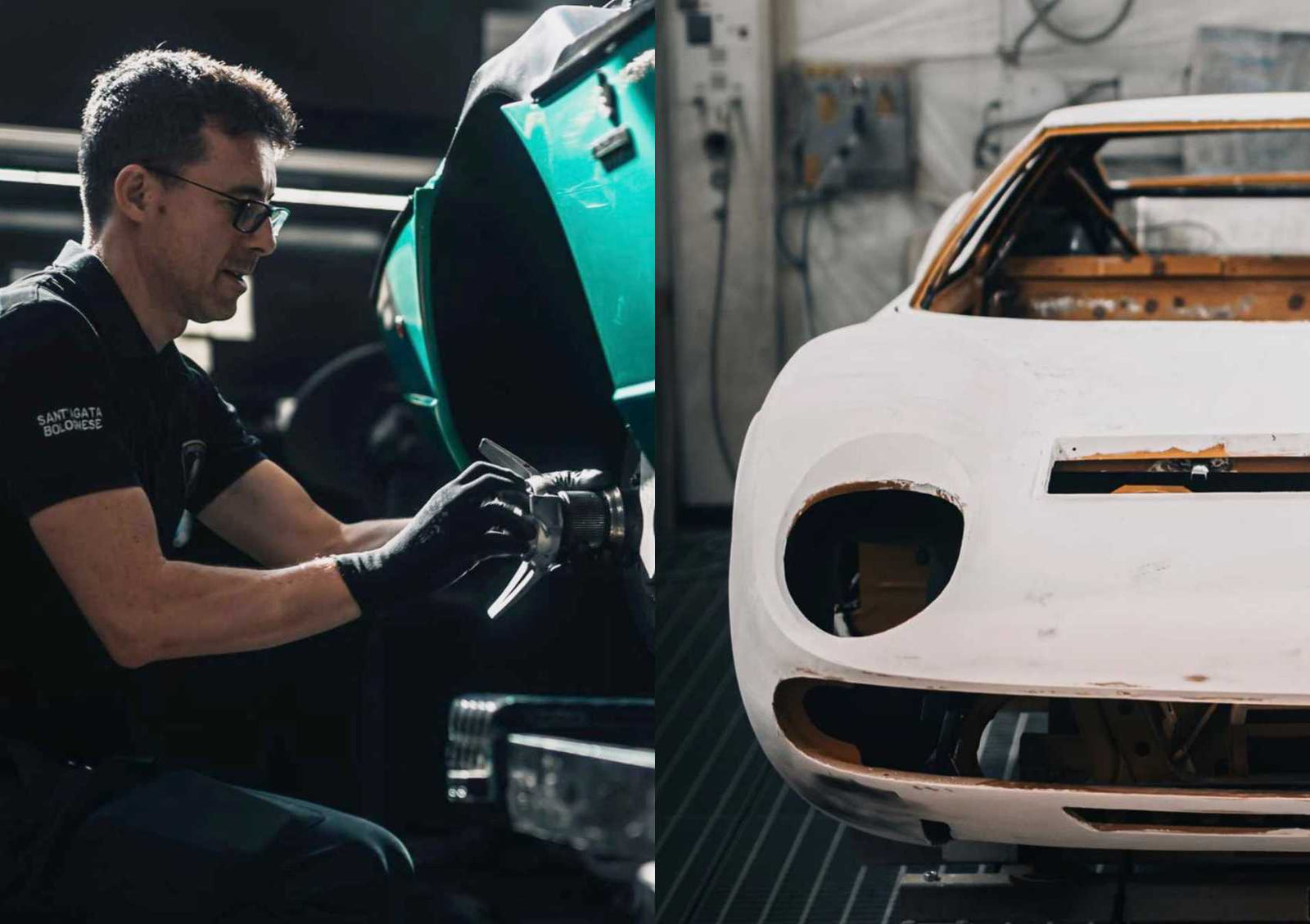 A man works on the rear of a green Lamborghini while another car with a white, unfinished body is in the background of an automotive workshop at Polo Storico.