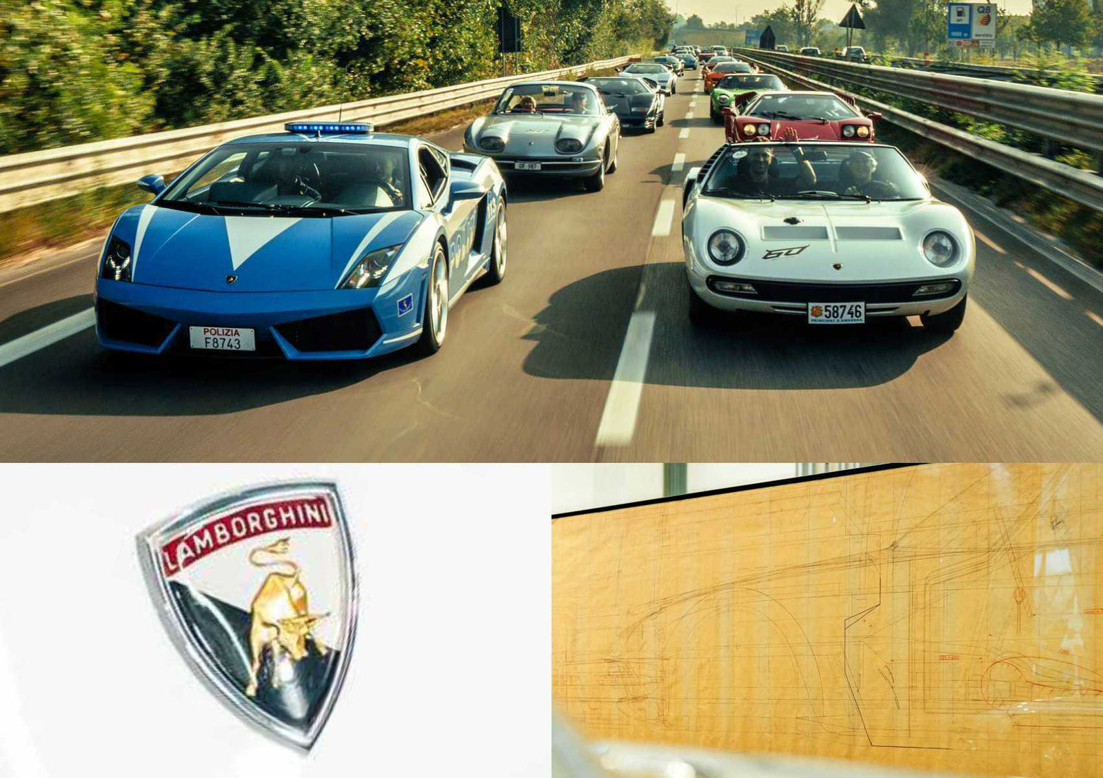 A group of classic and modern Lamborghini cars drives on a highway; below are a Lamborghini logo and a technical car drawing, celebrating Lamborghini Concludes Polo Storico 10th Anniversary With Unseen Exhibit Reveals Miura Tribute for 2026.