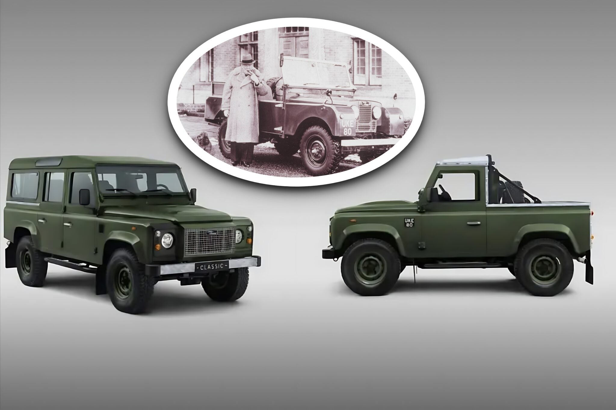 Two green Land Rover vehicles are shown on a gray background, with an inset black-and-white photo of a person beside an older Land Rover. Only 10 Will Exist: Land Rover Honors Winston Churchill With $300K Classic Defender.