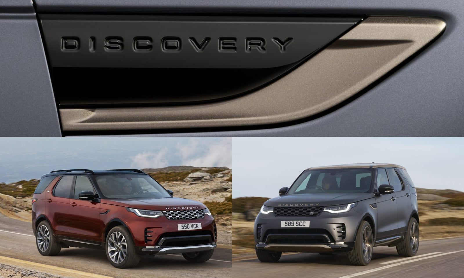 Three images of Land Rover Discovery SUVs: a close-up of the "DISCOVERY" badge, a red Discovery on a dirt road, and a gray Discovery on pavement, celebrating Land Rover Marks 35 Years Of Discovery With Gemini And Tempest Special Editions.