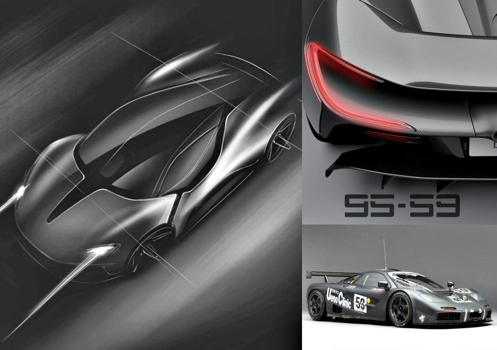 A digital sketch of a sleek sports car, featuring the rear with lights, and a race car displaying number 53—could this hint at the F1 GTR Reborn? Lanzante 95-59 to break cover at Goodwood.
