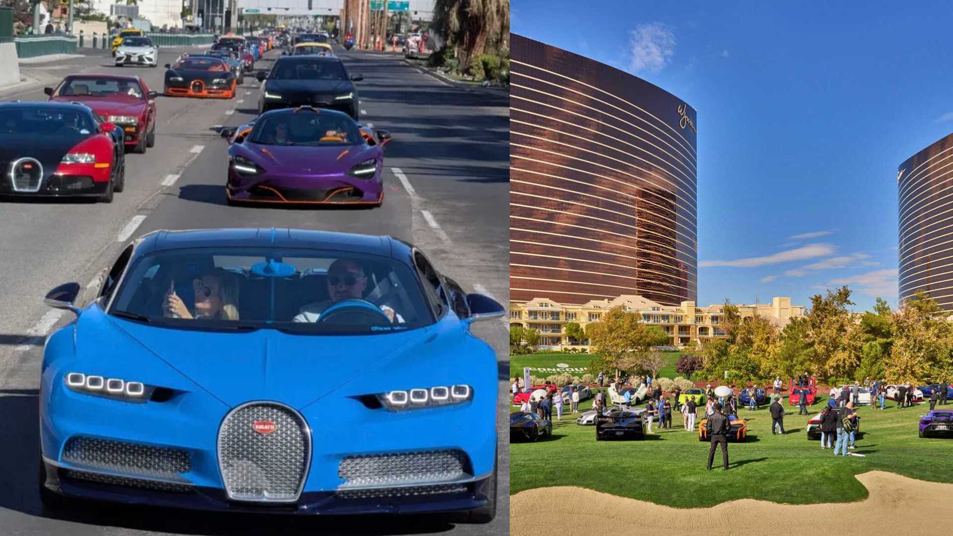 A convoy of luxury sports cars drives down a city street; on the right, similar cars are displayed on a lawn near tall buildings under a blue sky as the 2025 Las Vegas Concours becomes hypercar ground zero.