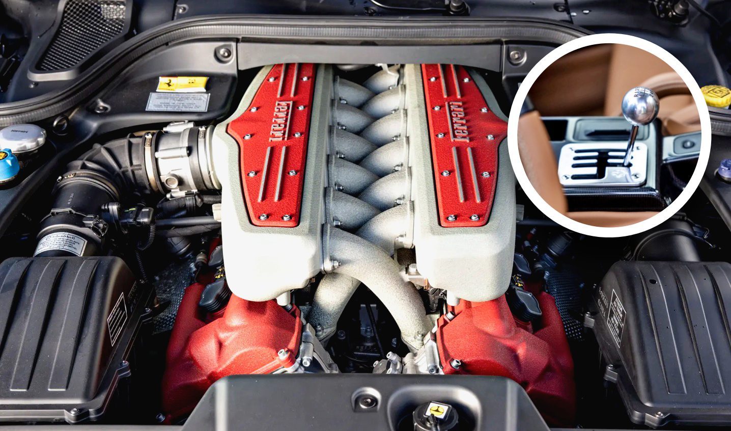 A V12 Ferrari engine with iconic red valve covers is shown, alongside an inset of a gated manual transmission shifter with a silver shift knob.
