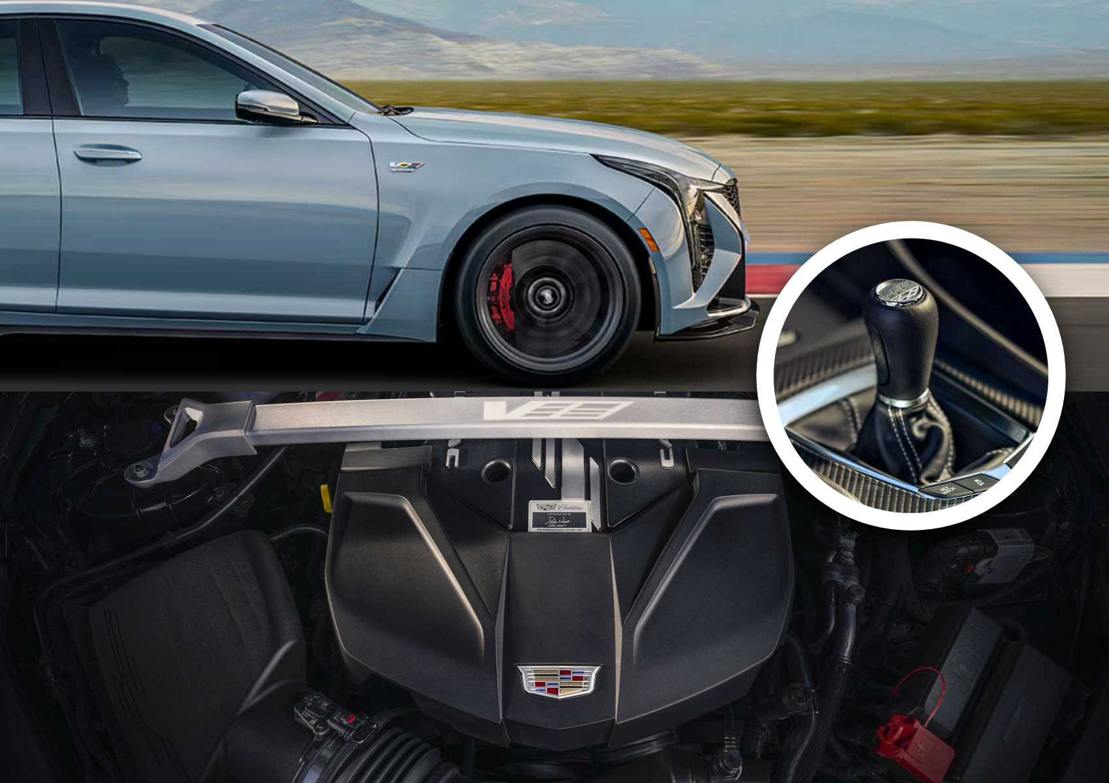A light blue 2025 Cadillac V8-powered sedan in motion, with a close-up of its manual gear shifter and the robust engine bay displayed below.