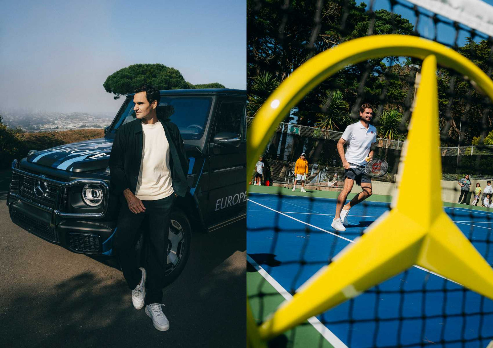 A man stands beside a black Mercedes-Benz SUV in one image; in the other, he plays tennis on an outdoor court, viewed through a yellow Mercedes-Benz logo—a scene reminiscent of Roger Federer at the Laver Cup.