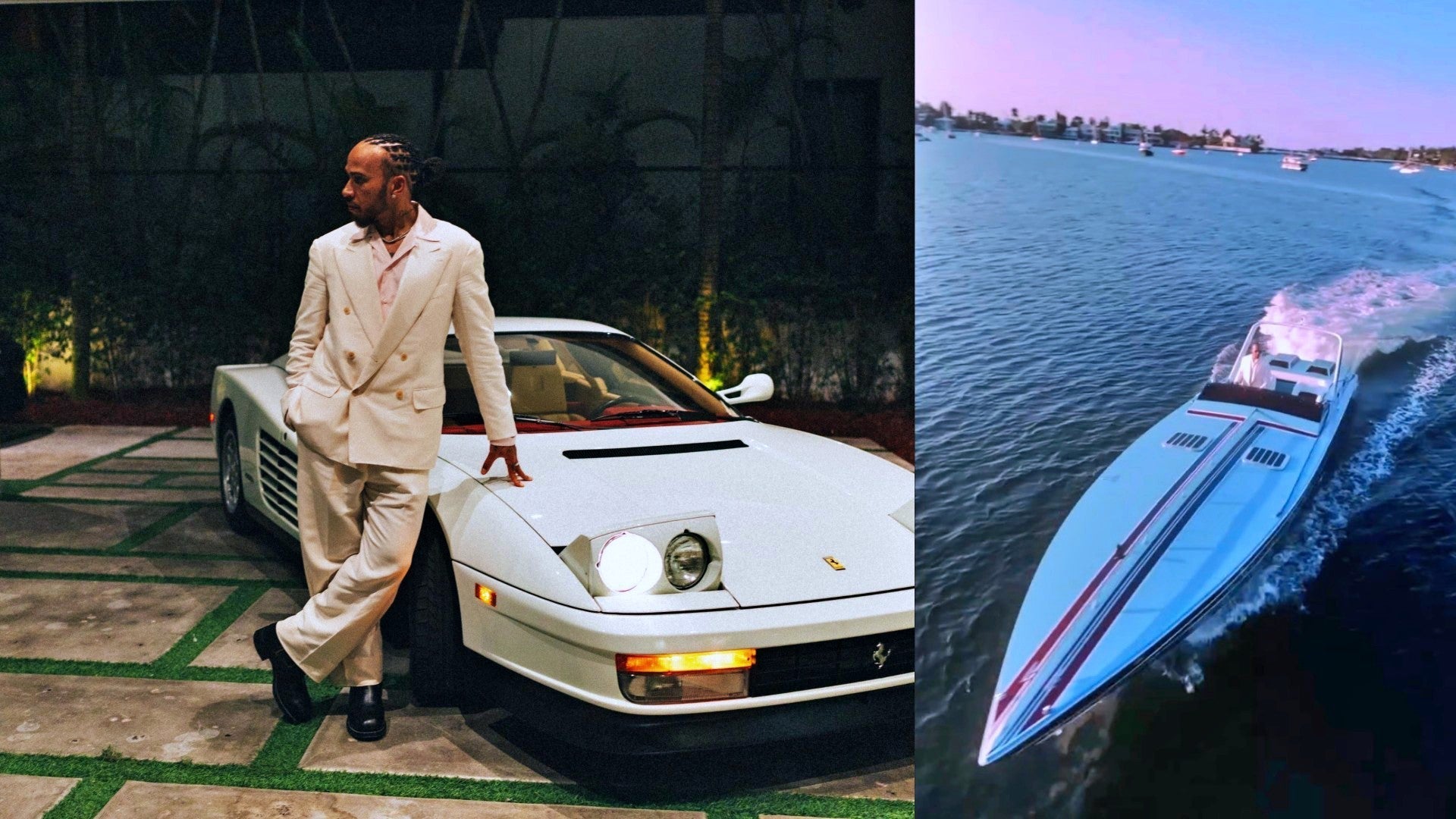 Lewis Hamilton Goes Full Vice City in White Ferrari Testarossa and Scarab Jet Boat