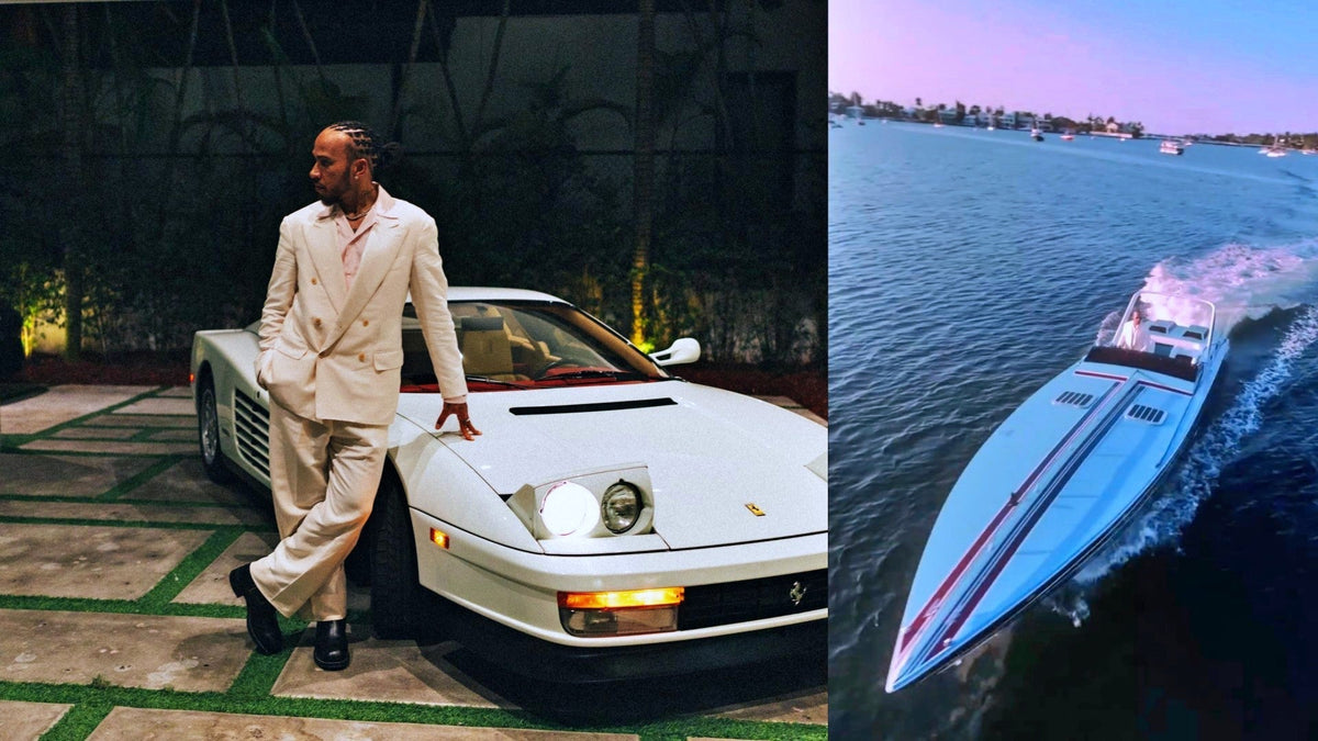 Lewis Hamilton Goes Full Vice City in White Ferrari Testarossa and Scarab Jet Boat