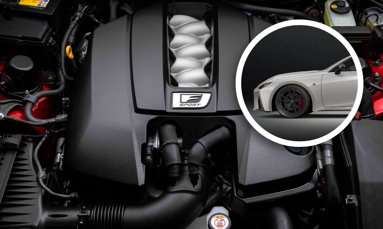 Close-up of a Lexus F Sport engine, with an inset image showing the front wheel and side view of a white Lexus sports car—showcasing the Ultimate Edition: Last-Surviving V8 Compact Luxury Sedan updated for 2025.
