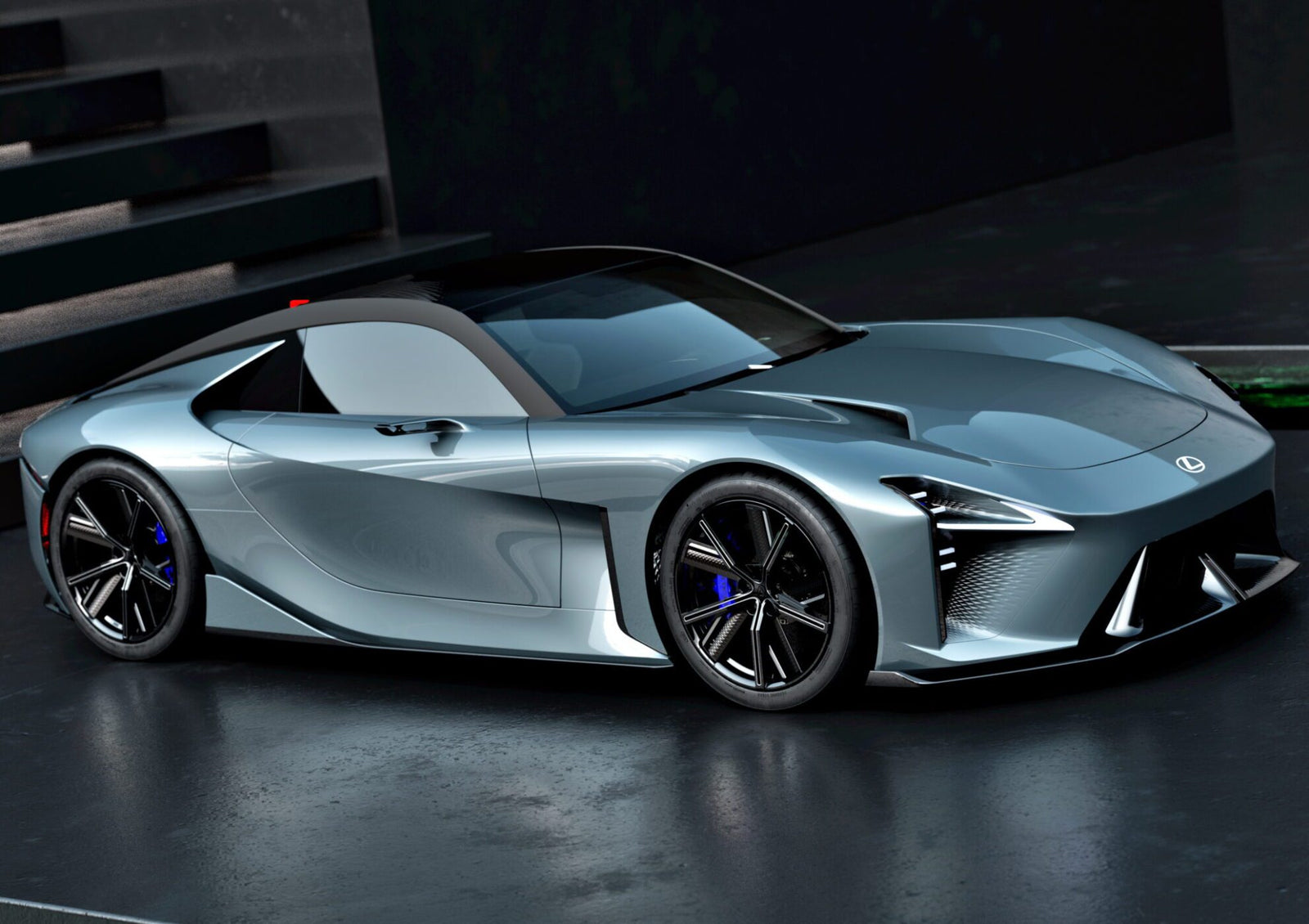 A sleek, silver Lexus Sport Concept debuts at Pebble Beach, parked on a dark surface with black accents, sharp lines, a low profile, and distinctive LED headlights.