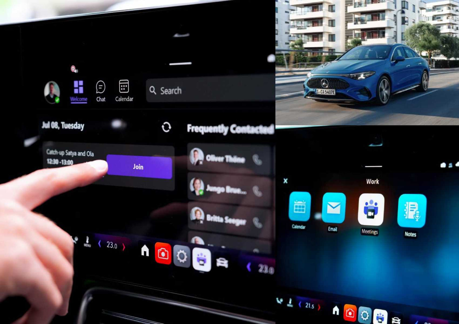 A person selects a "Join" button for a Microsoft Teams meeting on a car touchscreen displaying a digital calendar; a blue Mercedes-Benz is parked outside an apartment building in the background.