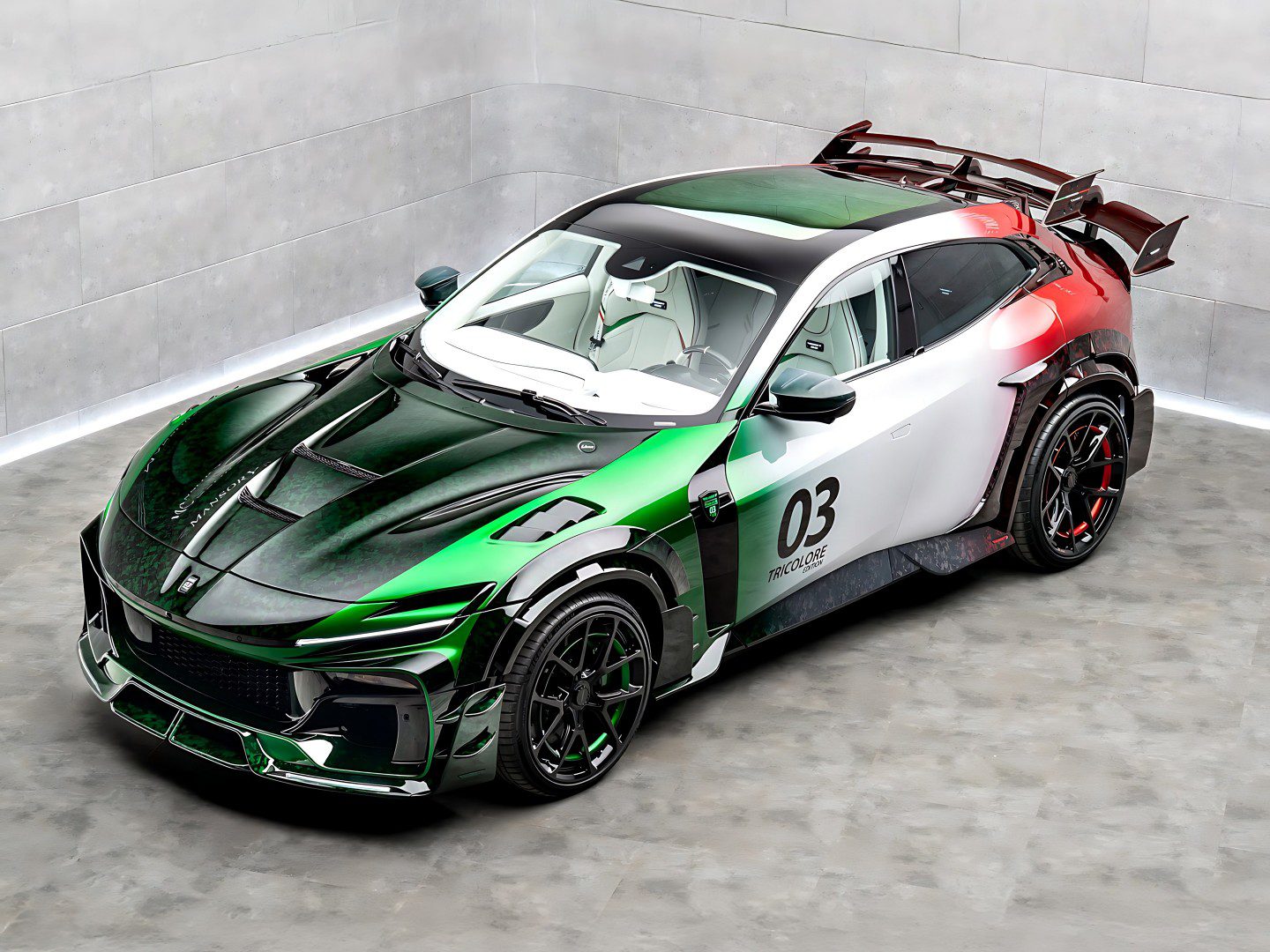 A sporty Mansory Pugnator Tricolore with racing stripes in green, white, and red, the number 03 on the door, a large rear wing, and a modern aerodynamic design is parked in a concrete room.