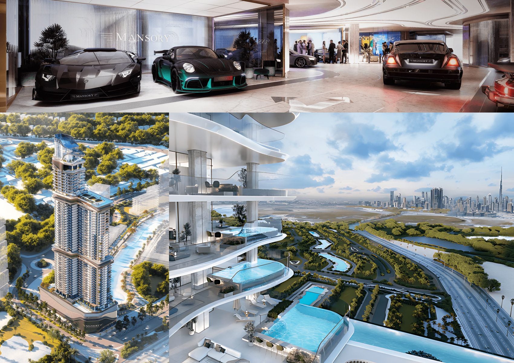 Collage showing luxury cars in an upscale showroom, a high-rise building, and balconies with private pools—previewing the World’s First MANSORY Residences at the new Experience Centre in Dubai—overlooking a city skyline and lush green landscape.