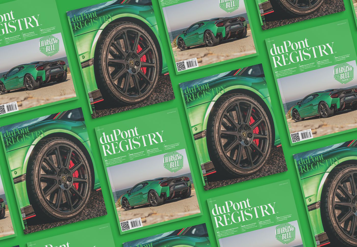 Multiple issues of duPont REGISTRY magazine, including the March 2025 edition, are arranged in a grid pattern featuring a striking green sports car.