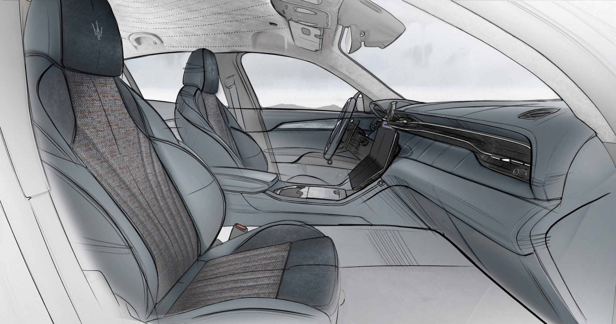 Illustration of a luxury car interior, featuring detailed seats, a sleek dashboard, and modern design elements in gray tones, reminiscent of the refined elegance found in Maserati's Grecale models.