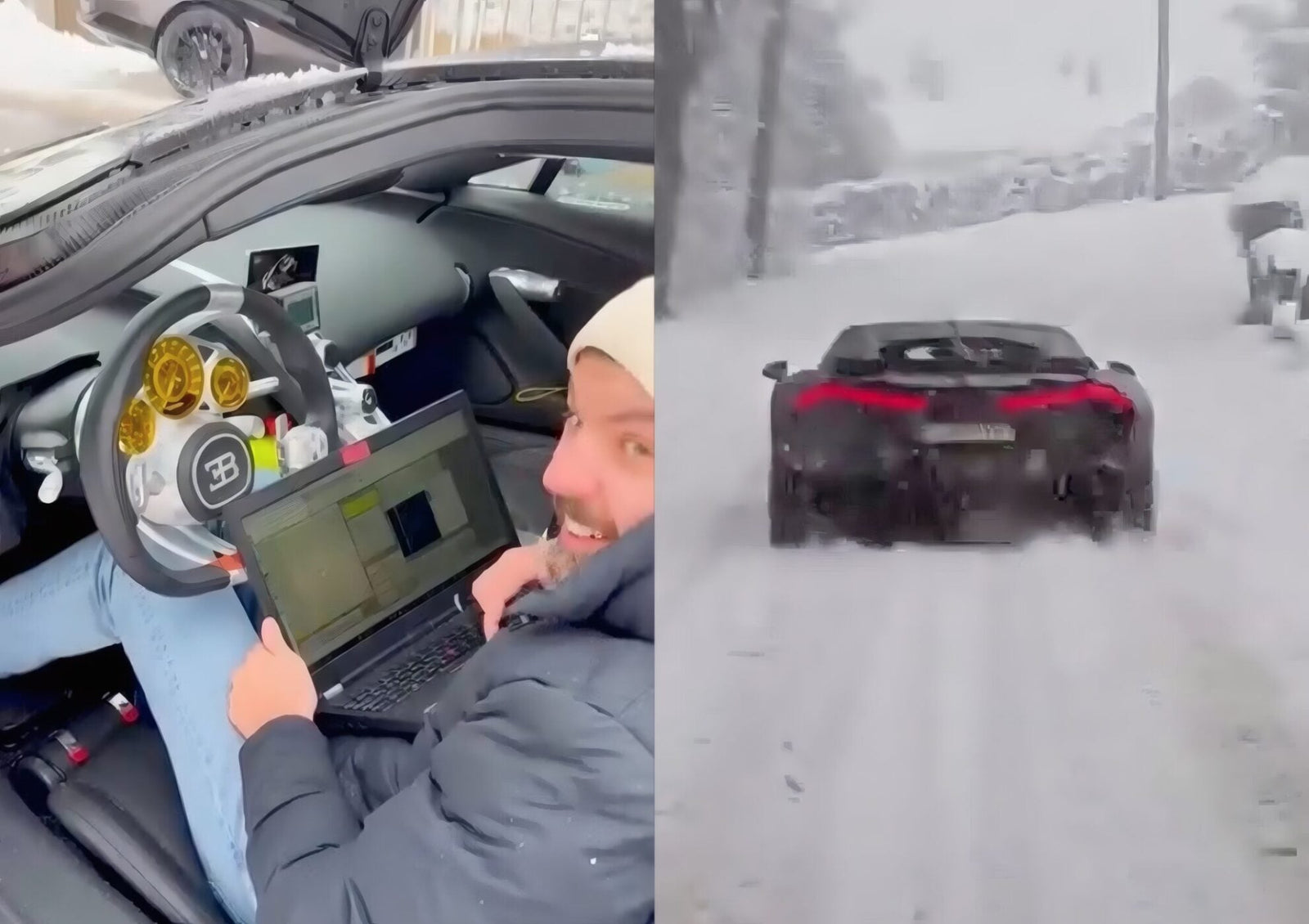 A person inside a Bugatti uses a laptop, while outside, Mate Rimac puts the Bugatti Tourbillon through its paces on a snowy road.