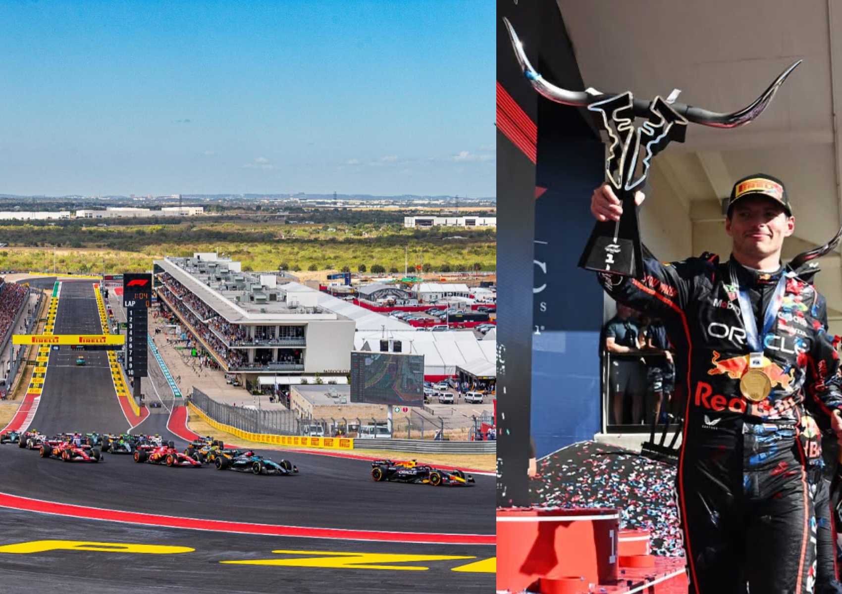 A Formula 1 race underway on a circuit, with a driver on the podium holding a trophy shaped like a bull's head after Verstappen’s Austin win tightens Drivers’ Championship title to 40 points.