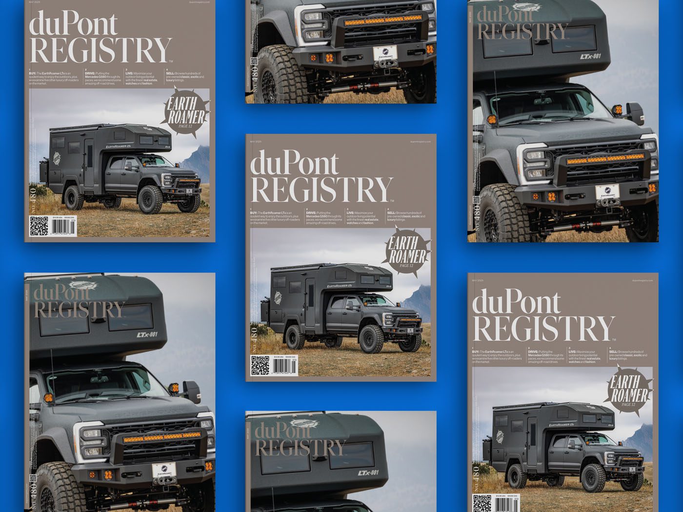 Several copies of the duPont REGISTRY magazine, including No. 480 from May 2025, showcase an off-road vehicle with a camper on the cover, all set against a striking blue background.