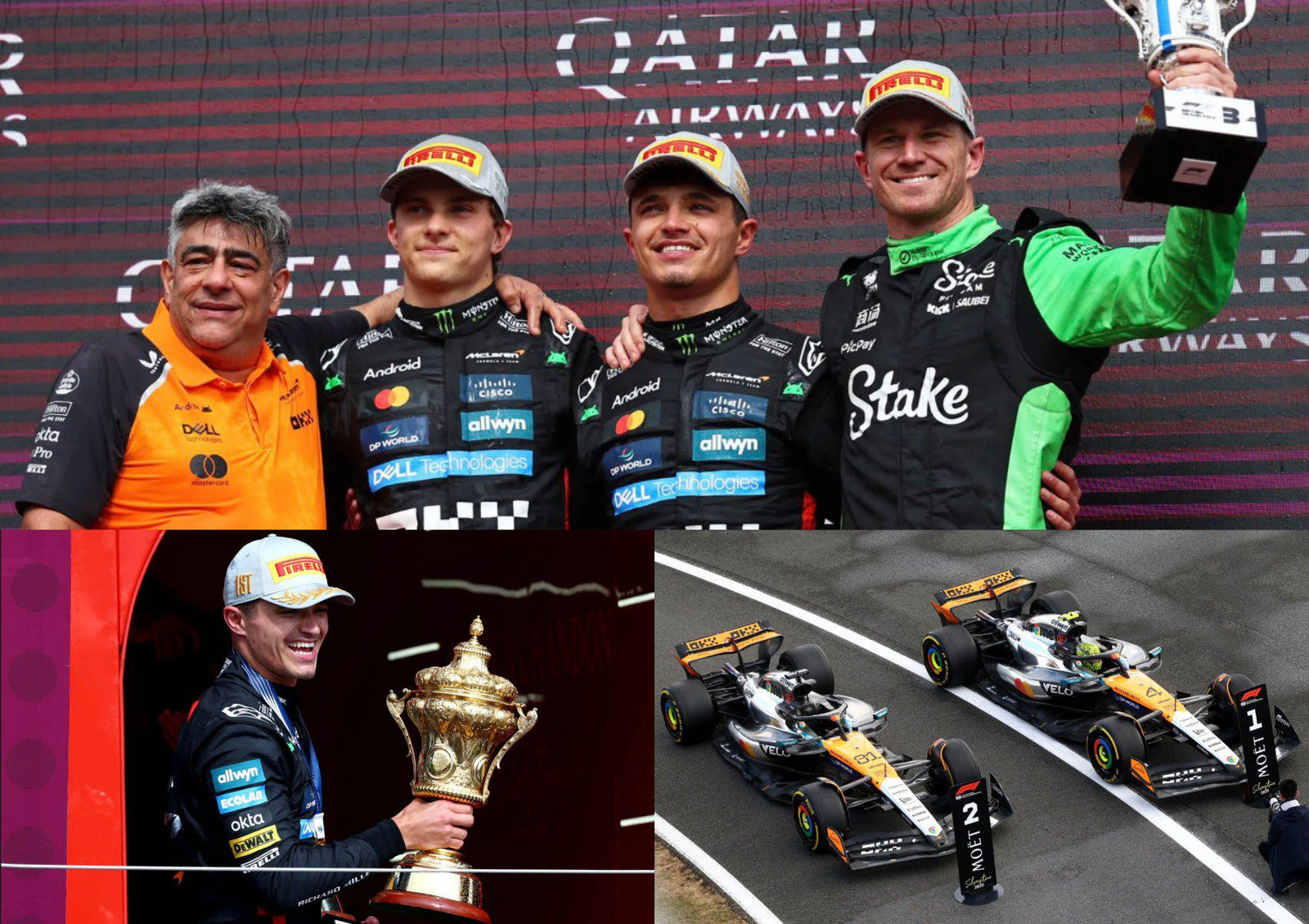 A collage of Formula 1 events: McLaren drivers on the podium, Lando Norris lifting a trophy, and two McLaren cars racing at the British GP.