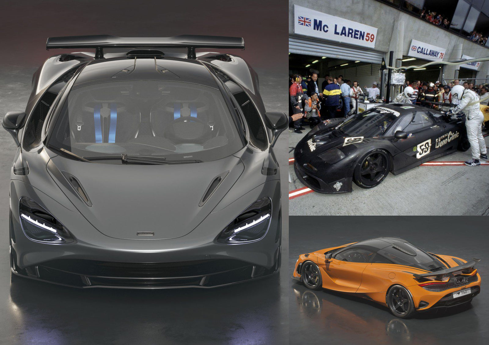 A collage features a grey McLaren sports car from above, a black race car in a pit lane, and an orange Limited-Run 750S Le Mans Edition that celebrates McLaren's iconic 1995 debut race win parked in a studio setting.