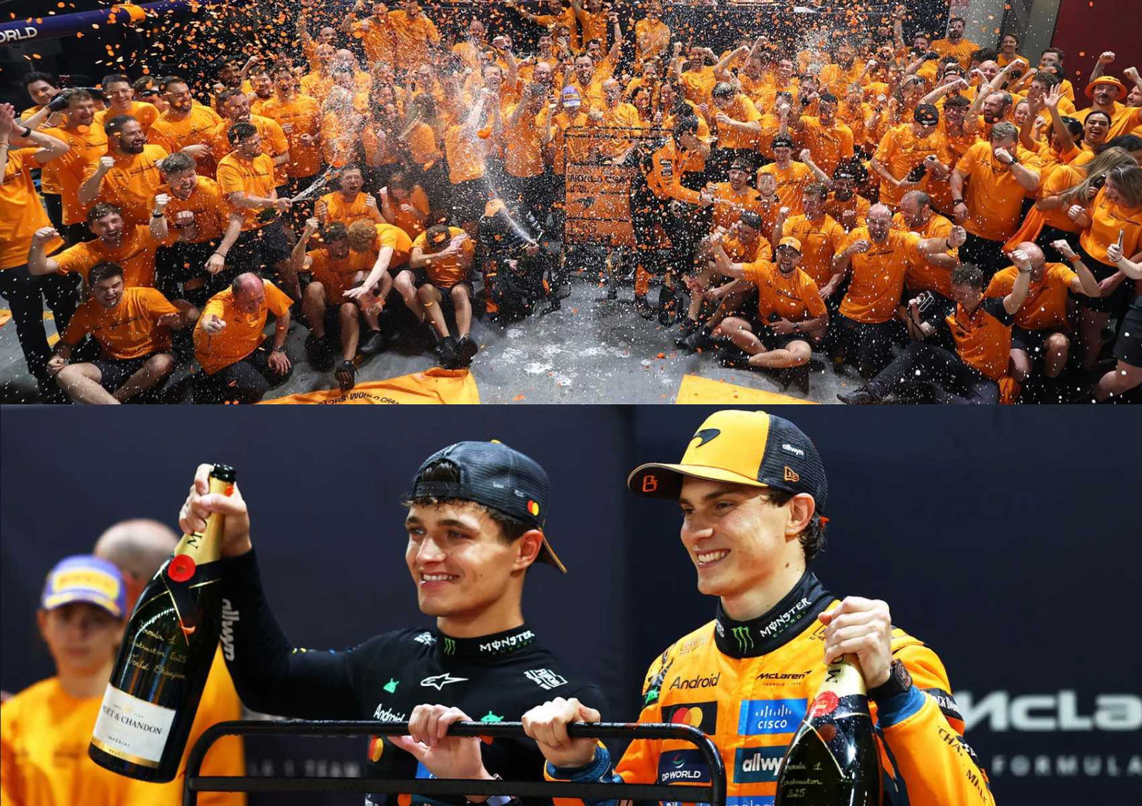 A Formula 1 racing team celebrates with champagne after clinching the 2025 F1 Constructors’ Title; in the lower image, two McLaren drivers hold bottles, wearing branded racing suits and caps.