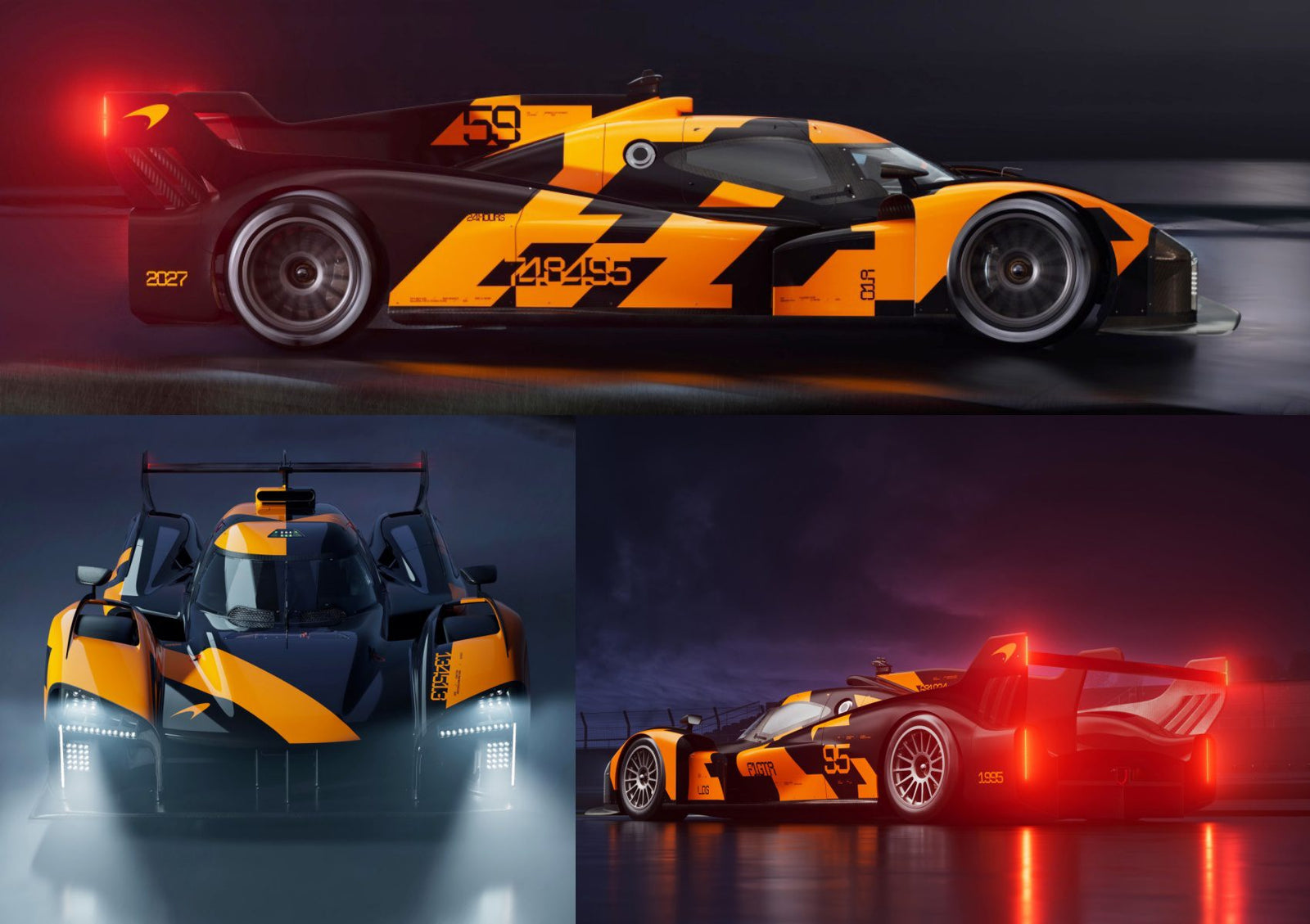 Three views of the McLaren Le Mans Hypercar, Project Endurance, in striking black and orange: side profile, front with headlights, and rear with illuminated taillights showcasing advanced aerodynamic features.