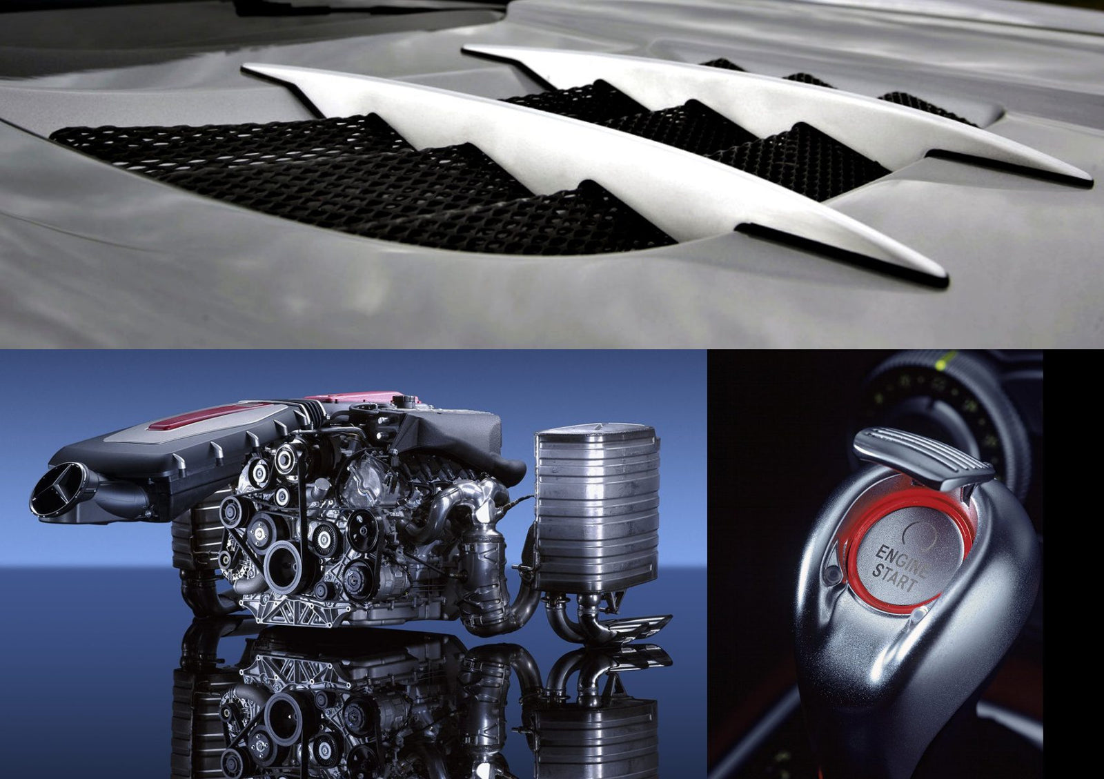 Three images: silver car hood vents, a detailed car engine model, and a close-up of a red engine start button—features from The Misunderstood Hyper GT. Is the market sleeping on this future collectible?.