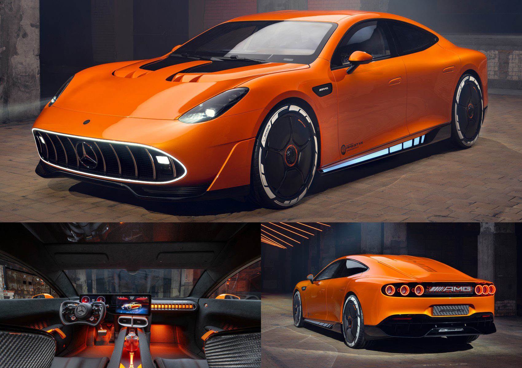 An orange Mercedes AMG GT XX Concept luxury sports car is shown from the front side, rear, and interior, featuring modern design, sleek LED lights, and high-tech dashboard displays in this cutting-edge EV.