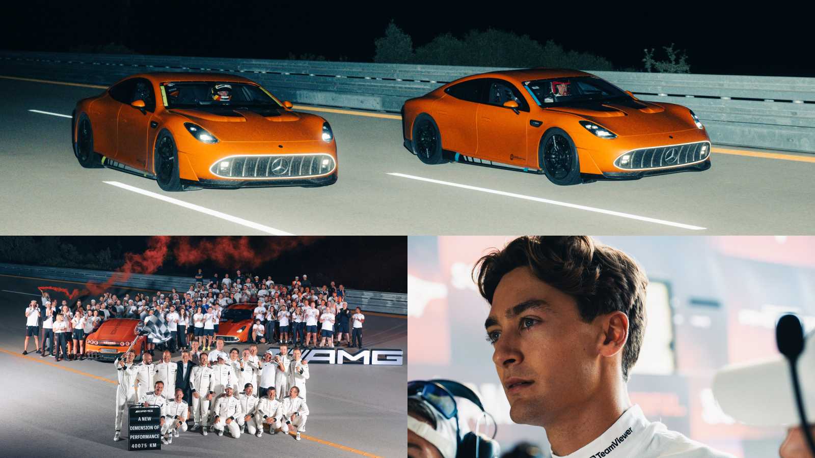 Two orange sports cars—Mercedes-AMG GTs—speed on a racetrack at night; below, a team poses with the cars at Nardò, alongside a close-up of a man in racing gear celebrating their 24-Hour Distance World Record.
