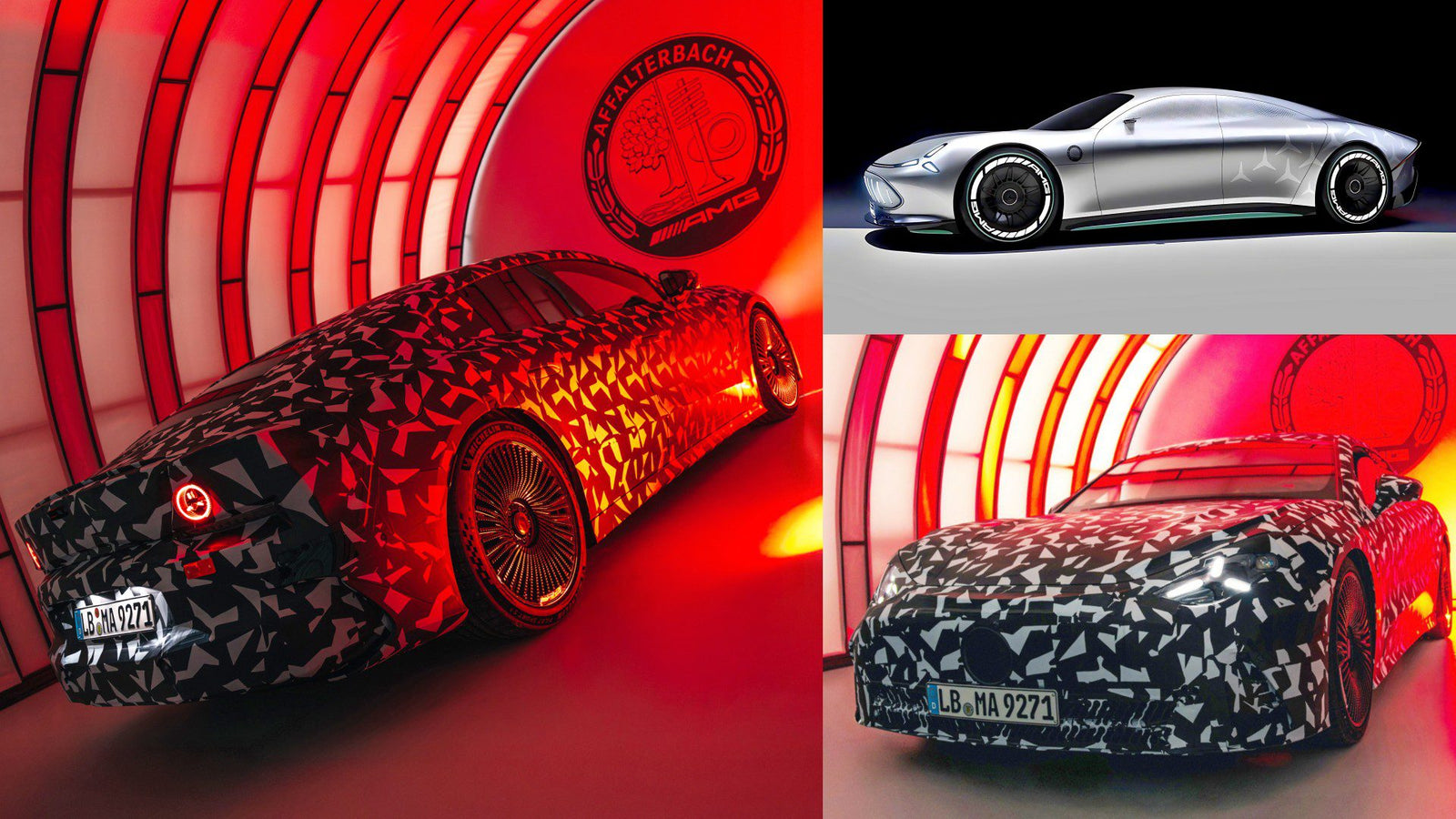A camouflaged Mercedes-AMG electric concept car is shown under red lighting, with a silver side profile view of the same super sedan model displayed in the top right corner.