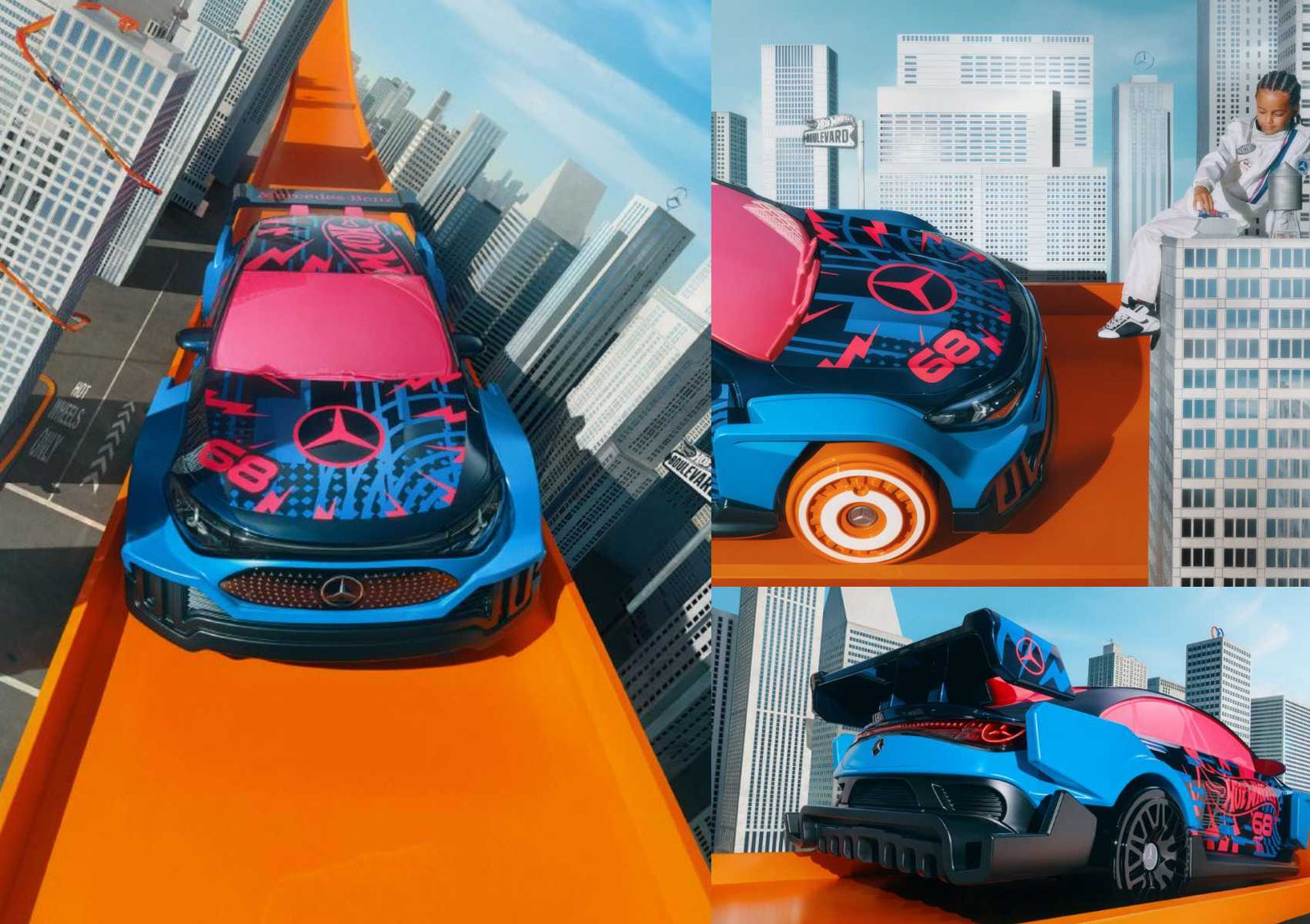 A blue and pink Mercedes-Benz toy car, inspired by the Mercedes-Benz CLA Gets Wild Hot Wheels Makeover, races down an orange track amid model skyscrapers, with a person sitting on a building in the background.