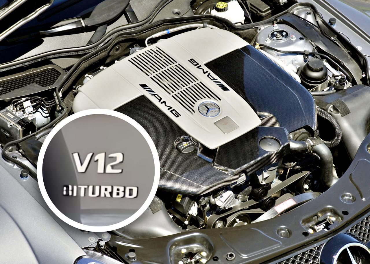 Close-up view of a Mercedes-AMG engine bay, highlighting the V12 Biturbo engine badge—inset emphasizes that this is The Only Mercedes-AMG Black Series To Feature A V12.