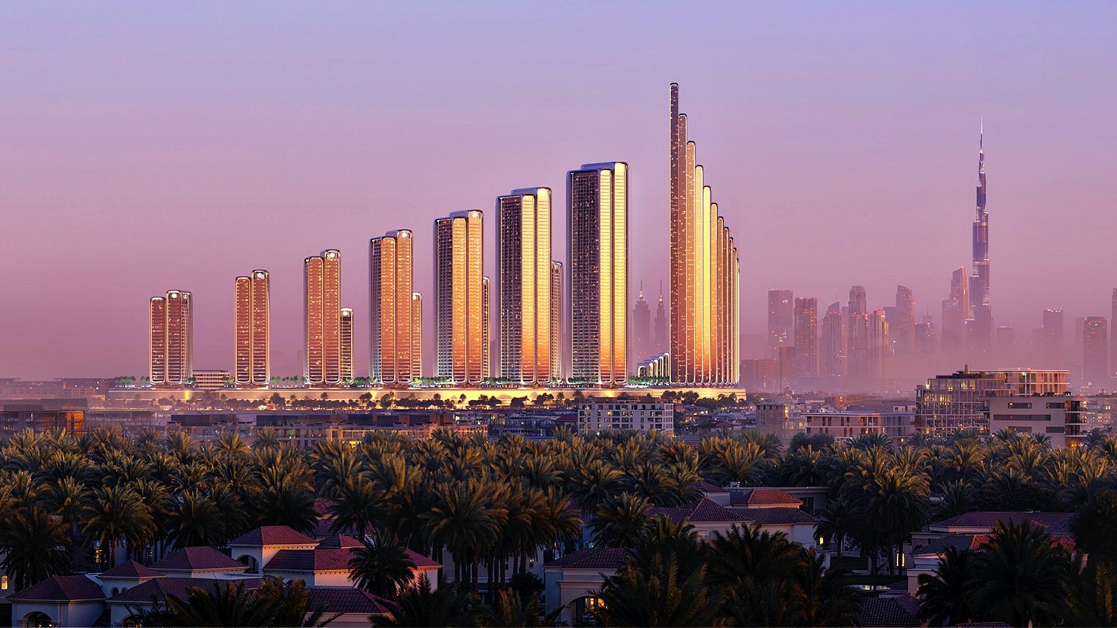 A row of modern high-rise buildings with golden lighting at sunset, palm trees in the foreground, and a city skyline featuring Burj Khalifa in the background, near the world's first Mercedes-Benz branded city to come up in Dubai.