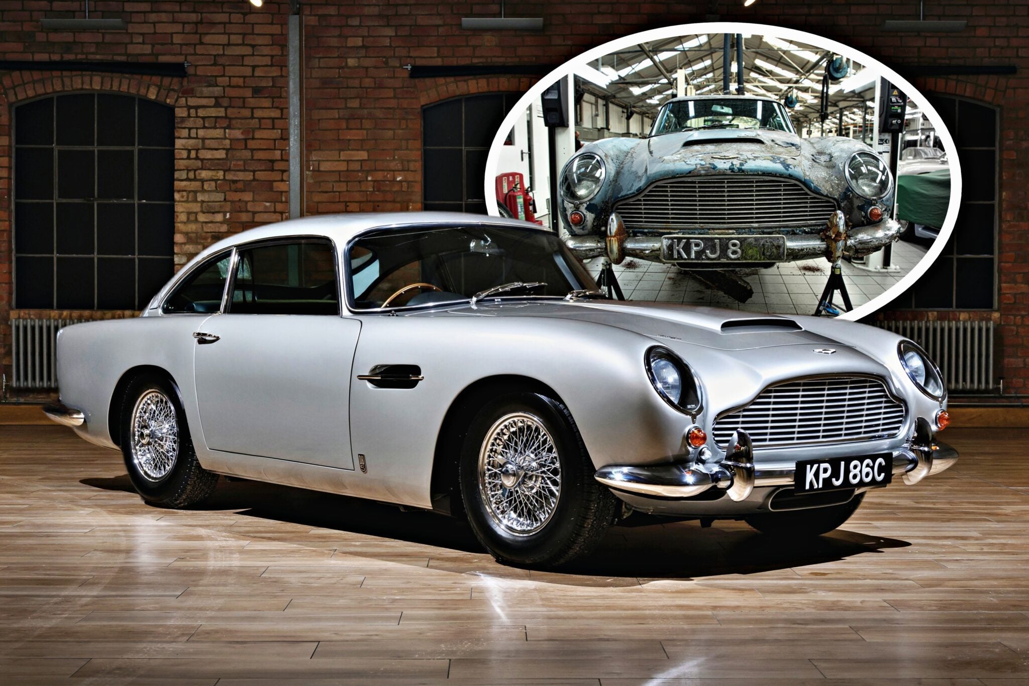 Restored silver rare DB5 classic car in a showroom, with an inset showing the same car in rusted, damaged condition before its transformation at Aston Martin Works—an incredible story of revival.