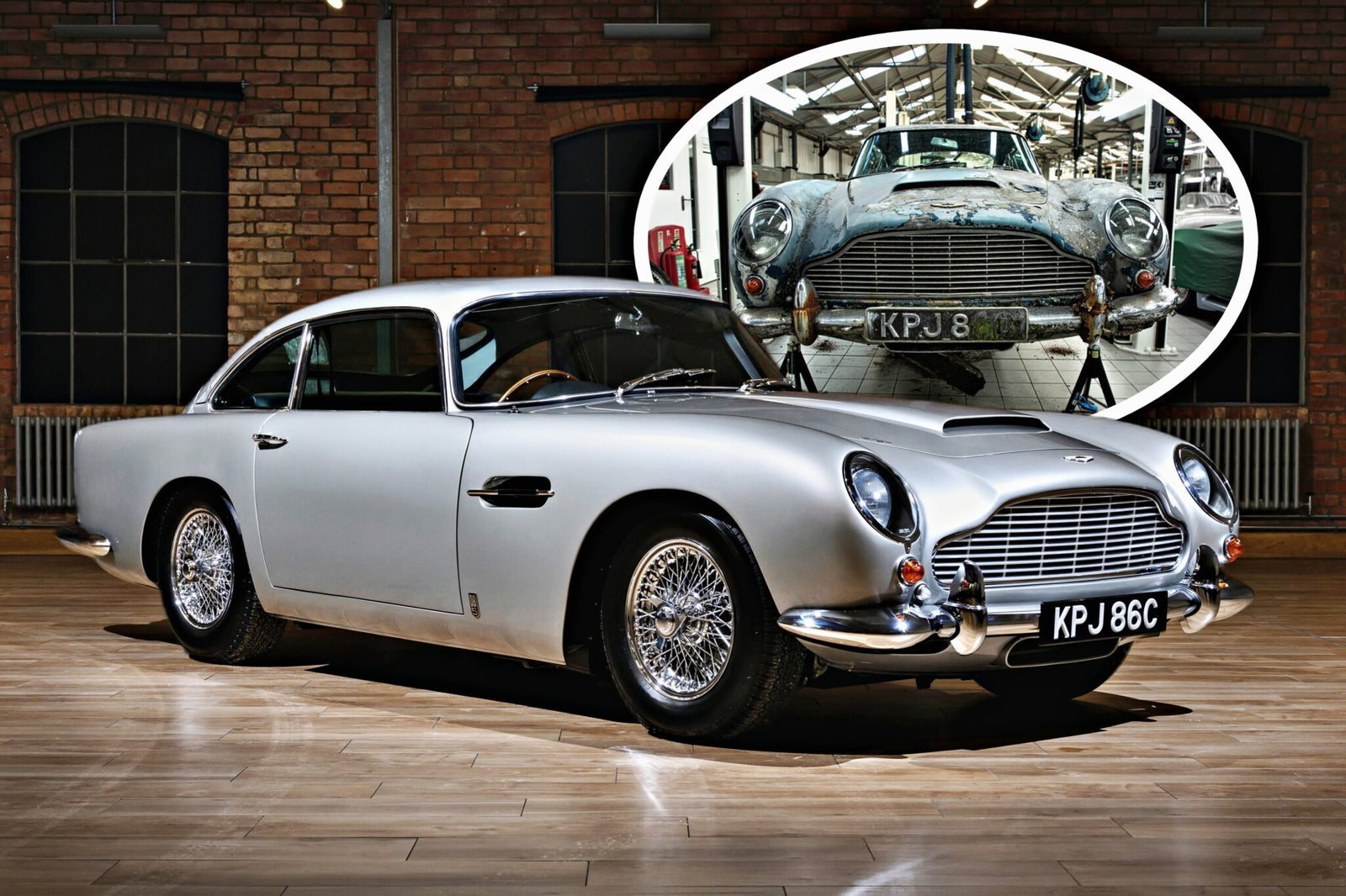 Restored silver rare DB5 classic car in a showroom, with an inset showing the same car in rusted, damaged condition before its transformation at Aston Martin Works—an incredible story of revival.