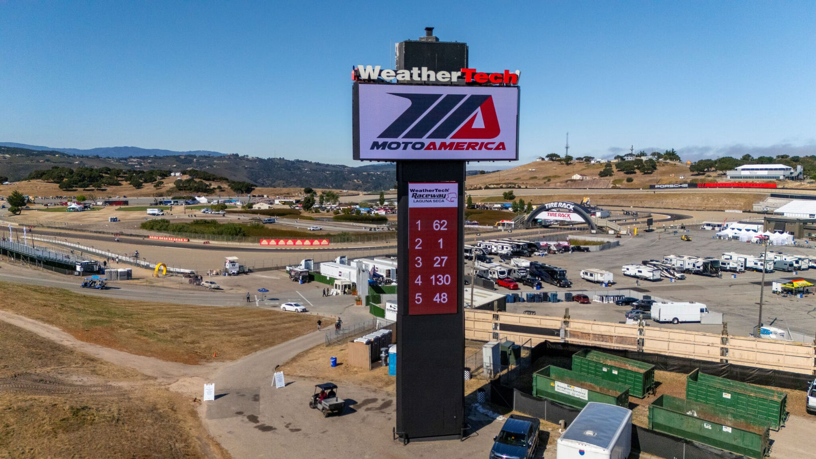 A large MotoAmerica leaderboard tower stands in the center of a racetrack facility, displaying race standings, with trailers and event structures in the background.