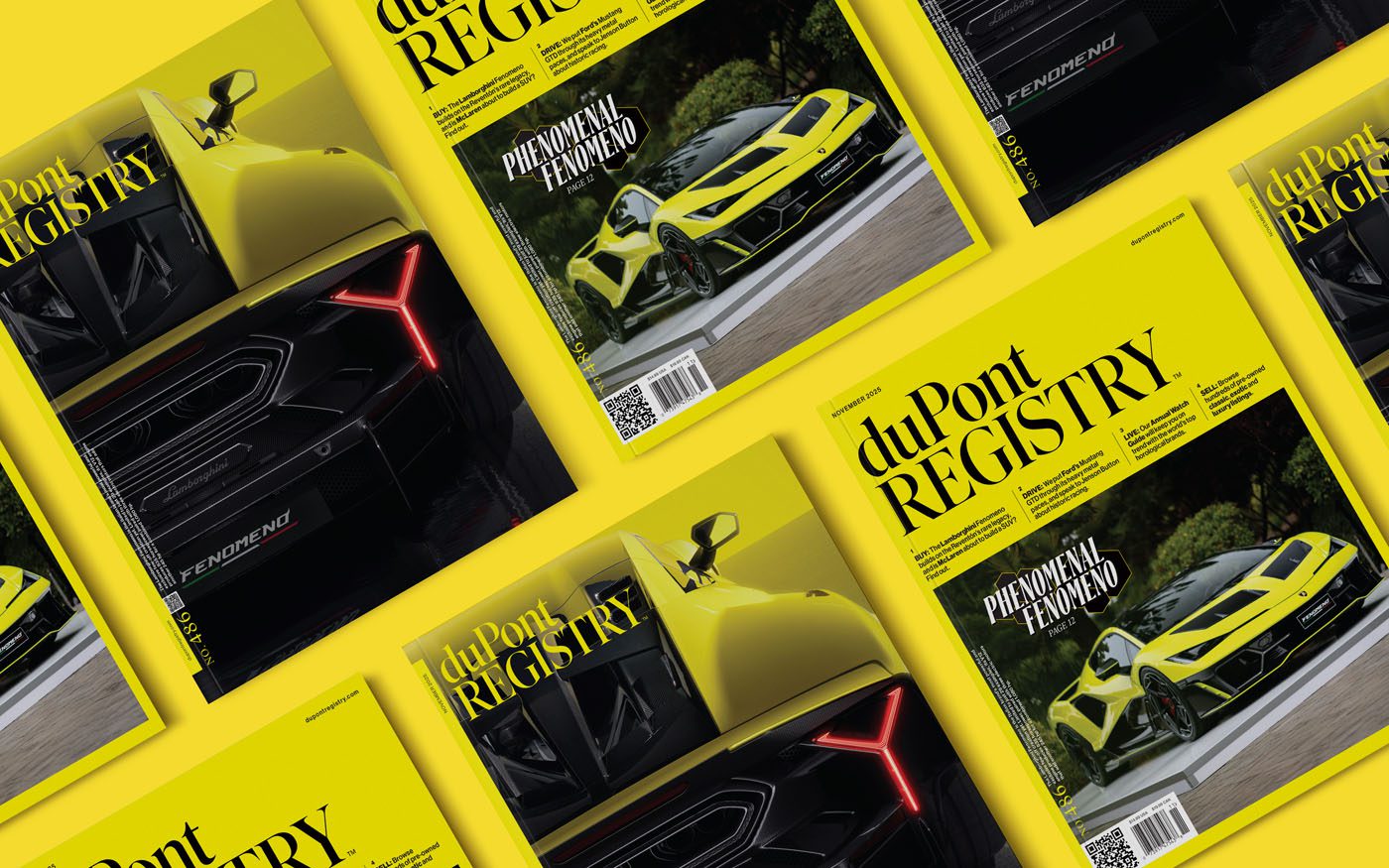 Multiple copies of the October 2025 duPont REGISTRY magazine with a yellow Lamborghini on the cover and the headline “PHENOMENAL FENOMENON,” arranged against a striking yellow background.